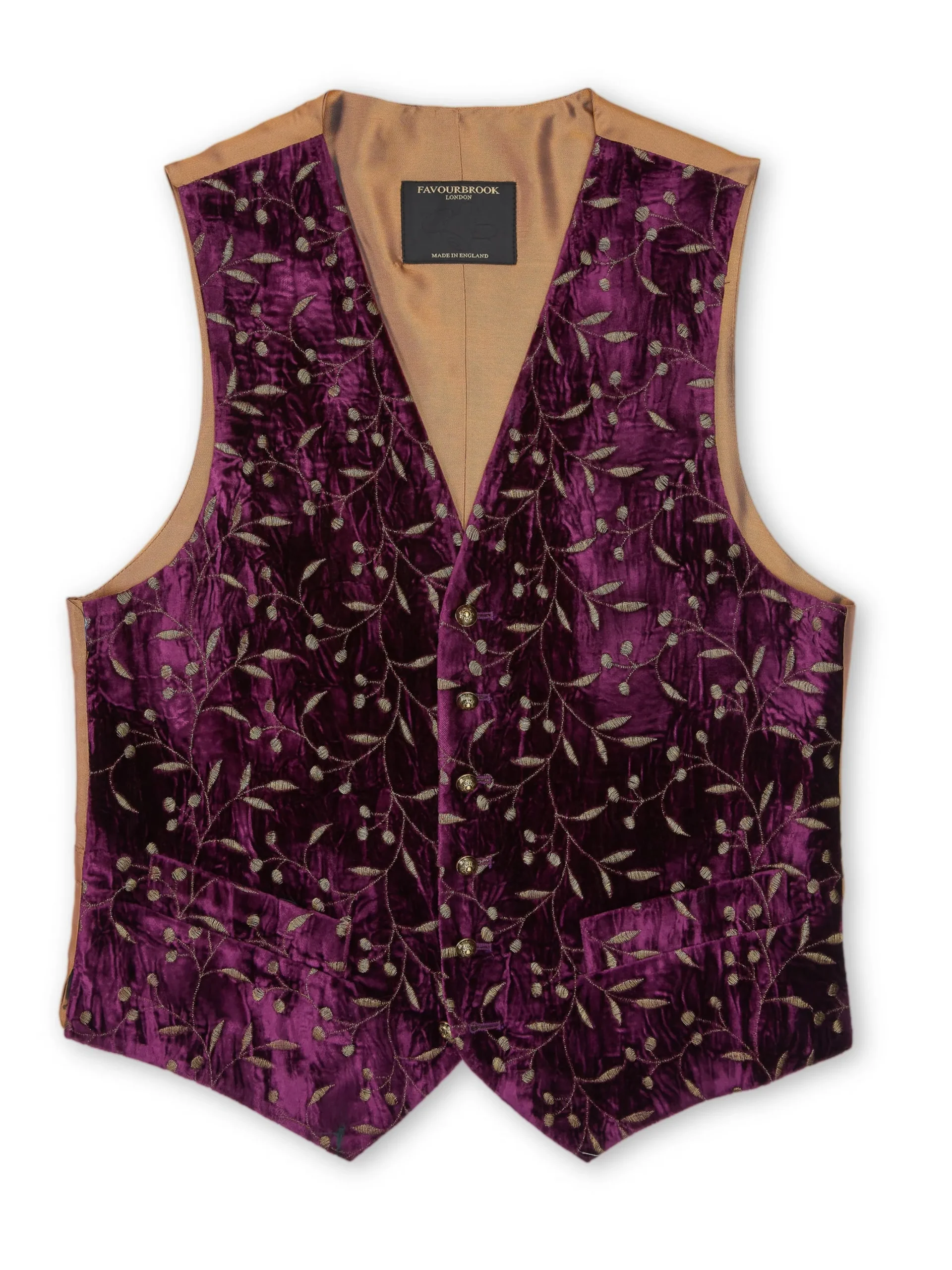 Favourbrook Aubergine Lurex Berries Velvet Single Breasted 6 Button Waistcoat- Waistcoats | Single Breasted Waistcoats