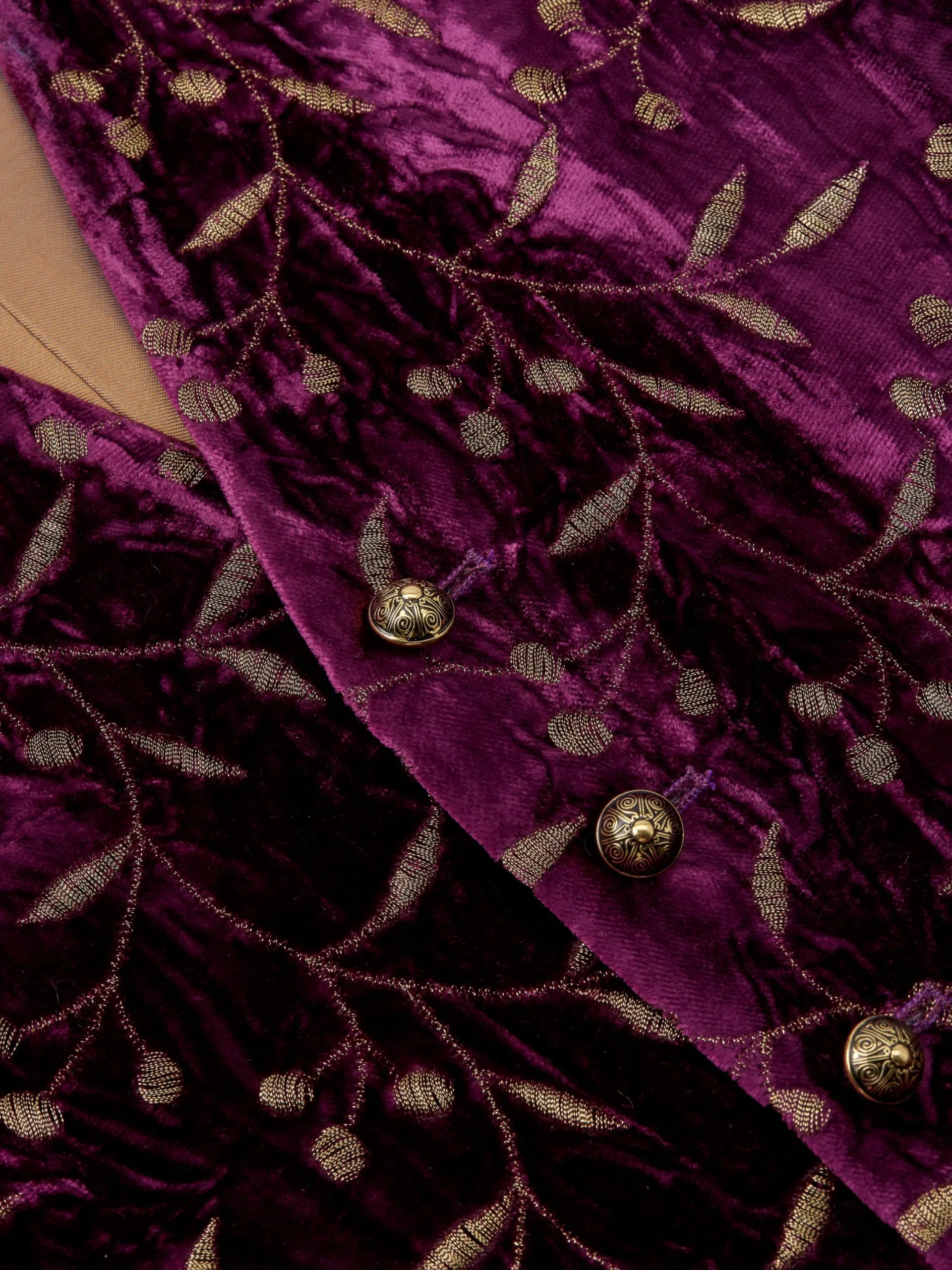 Favourbrook Aubergine Lurex Berries Velvet Single Breasted 6 Button Waistcoat- Waistcoats | Single Breasted Waistcoats
