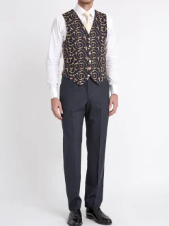 Favourbrook BD Navy Gold Swirl Linen Single Breasted 6 Button Waistcoat- Waistcoats | Single Breasted Waistcoats