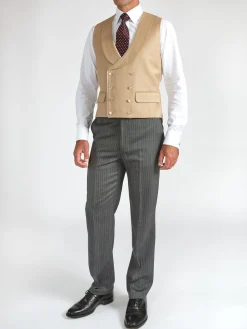 Favourbrook Beige Gabardine Wool Double Breasted 8 Button Shawl Lapel Piped Waistcoat- Groomswear | Waistcoats