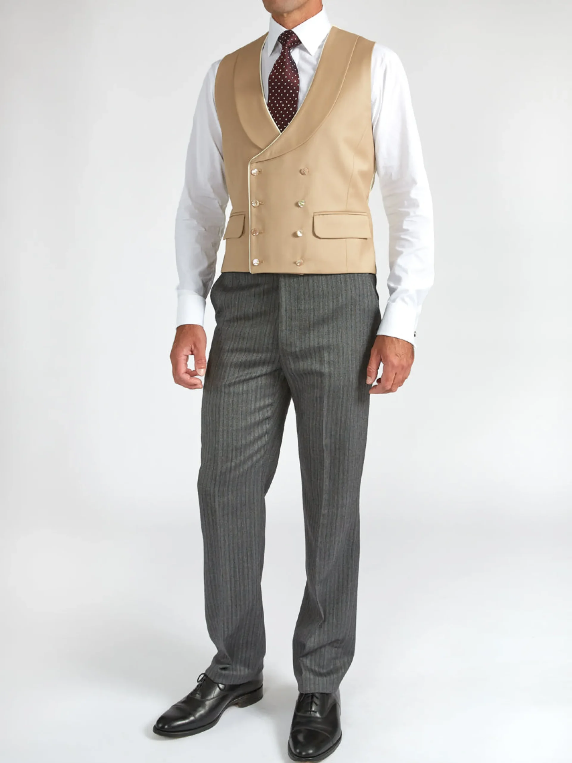 Favourbrook Beige Gabardine Wool Double Breasted 8 Button Shawl Lapel Piped Waistcoat- Groomswear | Waistcoats