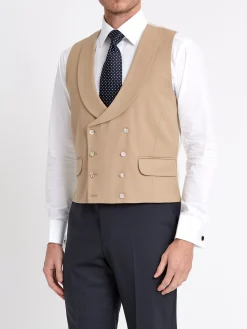 Favourbrook Beige Gabardine Wool Double Breasted 8 Button Shawl Lapel Waistcoat- Wedding Attire | Waistcoats