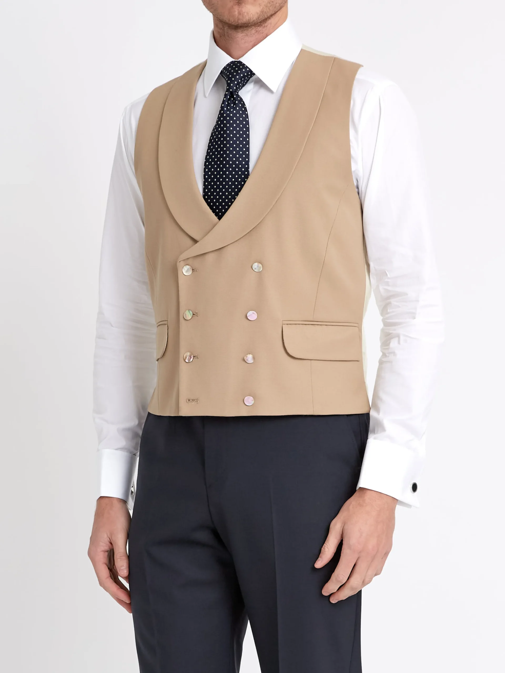 Favourbrook Beige Gabardine Wool Double Breasted 8 Button Shawl Lapel Waistcoat- Wedding Attire | Waistcoats