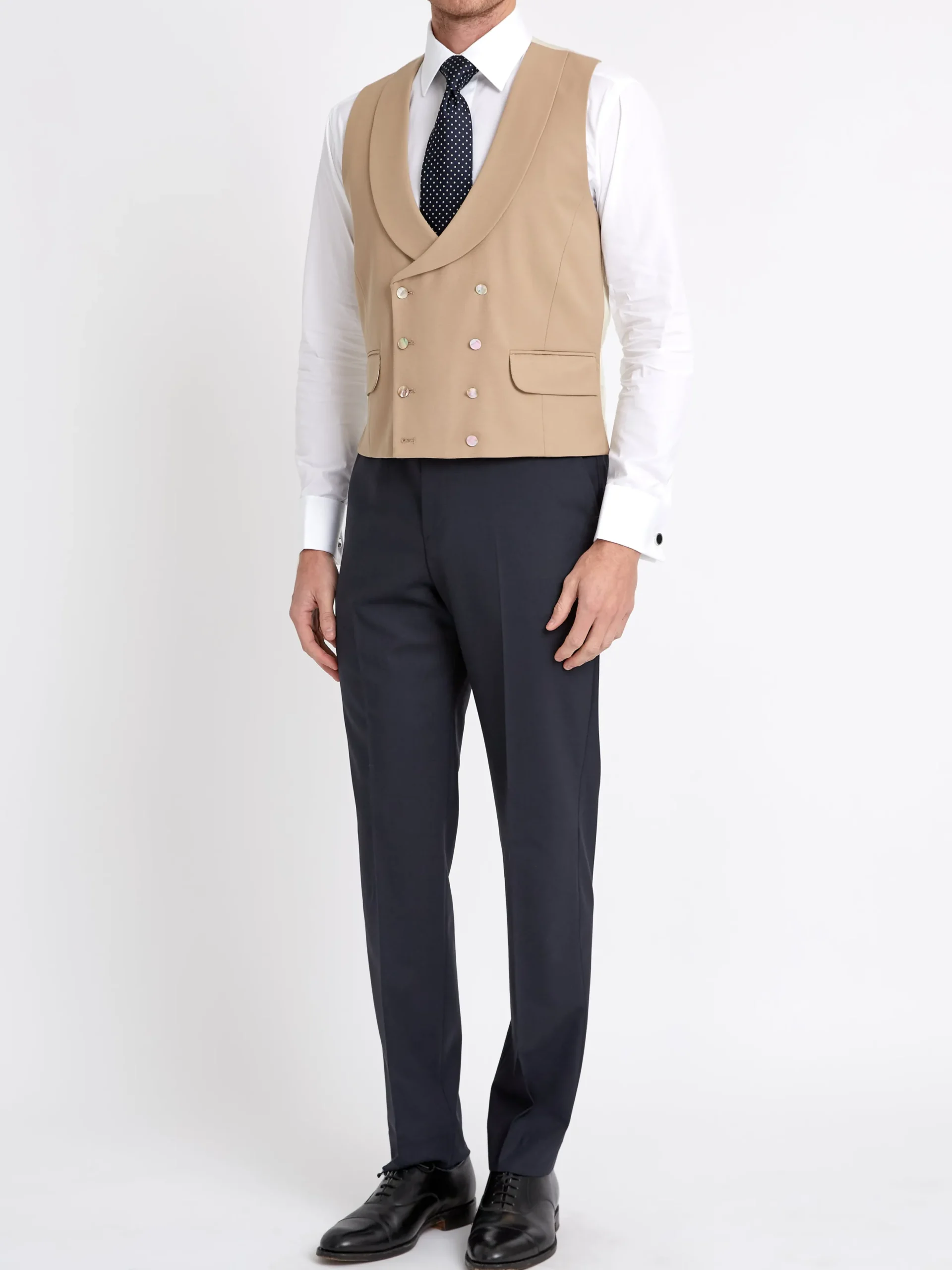 Favourbrook Beige Gabardine Wool Double Breasted 8 Button Shawl Lapel Waistcoat- Wedding Attire | Waistcoats
