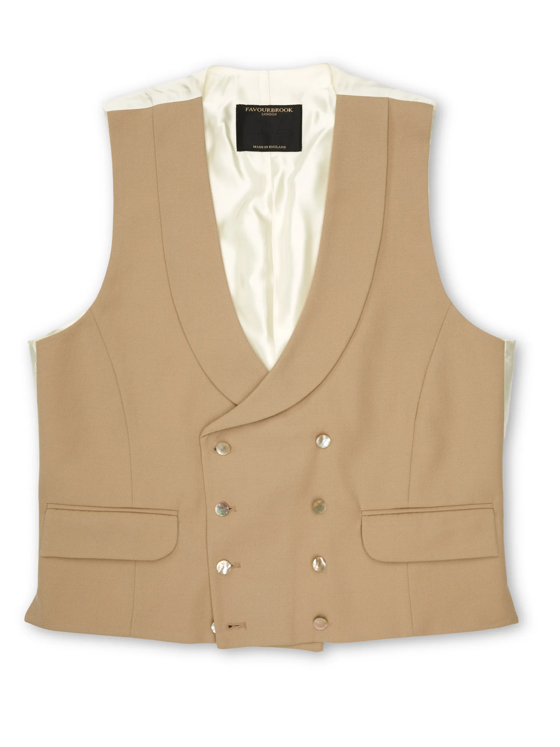 Favourbrook Beige Gabardine Wool Double Breasted 8 Button Shawl Lapel Waistcoat- Wedding Attire | Waistcoats