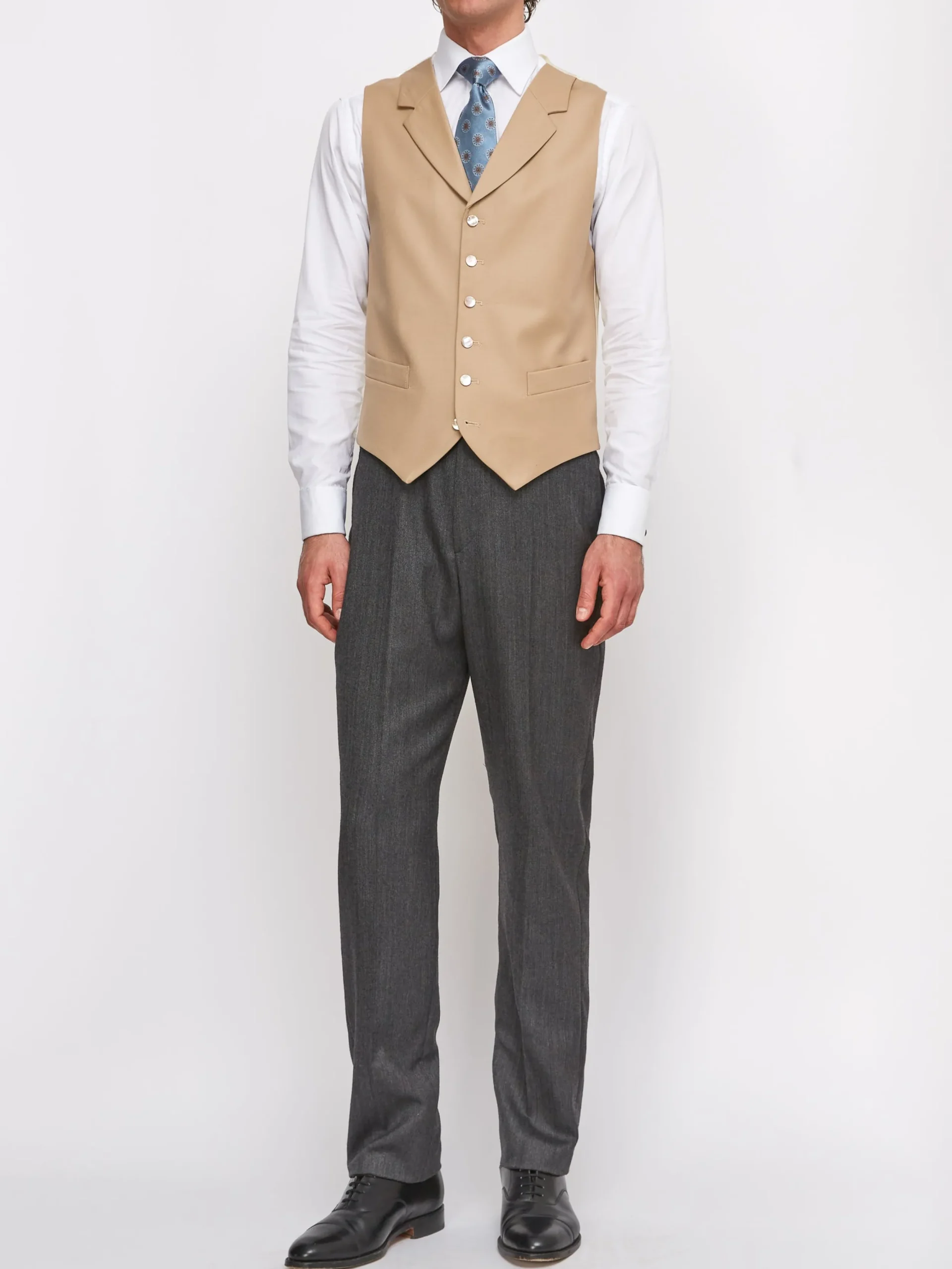 Favourbrook Beige Gabardine Wool Single Breasted 6 Button Notch Lapel Waistcoat- Waistcoats | Single Breasted Waistcoats