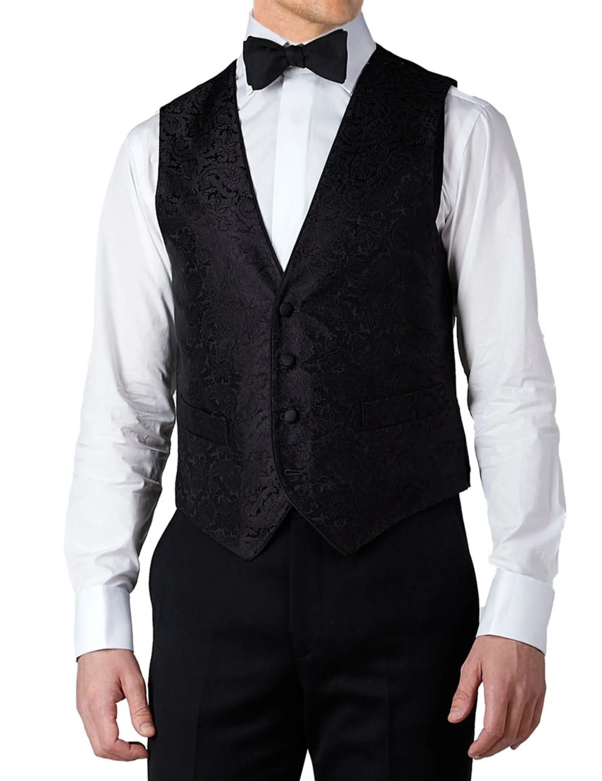 Favourbrook Black Albert Silk Single Breasted 4 Button Piped Waistcoat- Waistcoats | Evening Waistcoats