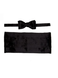 Favourbrook Black Duchesse Satin Silk Pleated Cummerbund & Bow Tie Set- Eveningwear | Bow Ties & Cummerbund Sets