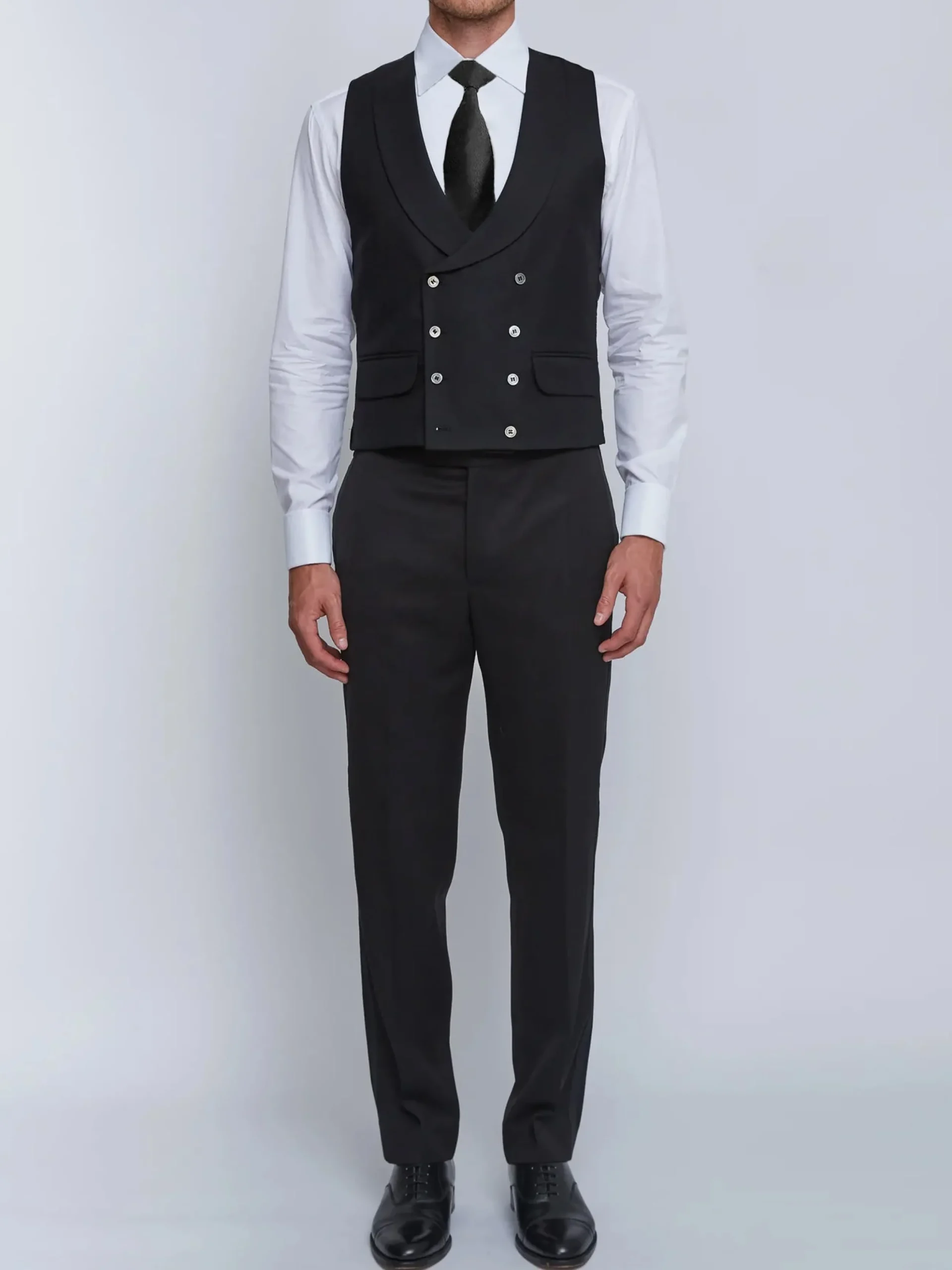 Favourbrook Black Gabardine Wool Double Breasted 8 Button Shawl Lapel Waistcoat- Waistcoats | Shawl Lapel Waistcoats