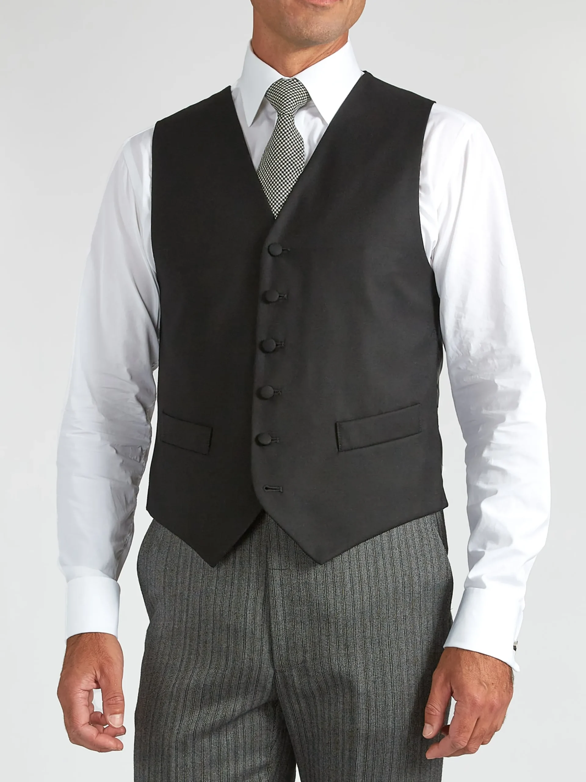 Favourbrook Black Gabardine Wool Single Breasted 6 Button Waistcoat- Waistcoats | Evening Waistcoats