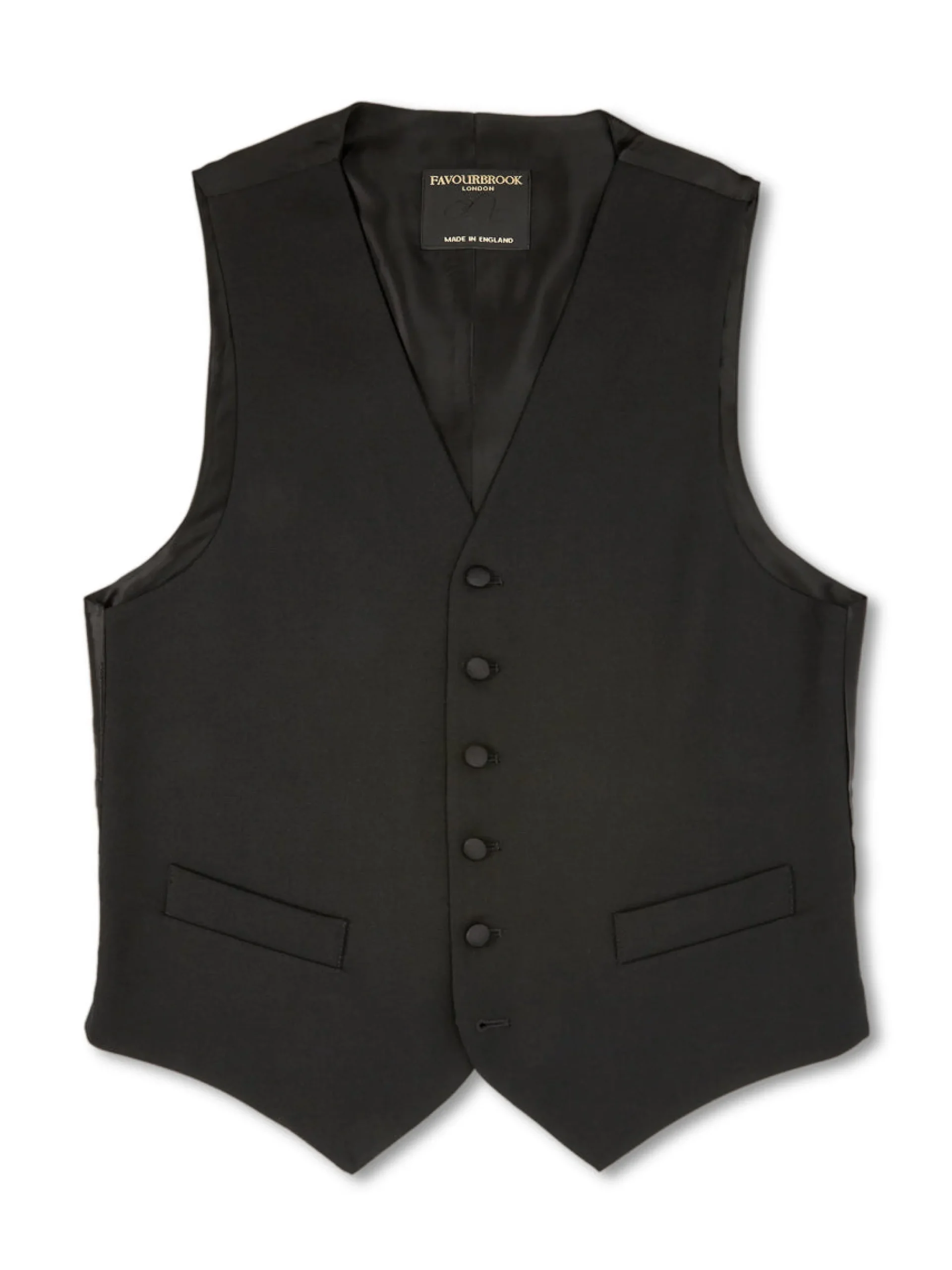 Favourbrook Black Gabardine Wool Single Breasted 6 Button Waistcoat- Waistcoats | Evening Waistcoats