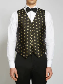 Favourbrook Black Gold Bees Silk Single Breasted 6 Button Waistcoat- Waistcoats | Evening Waistcoats