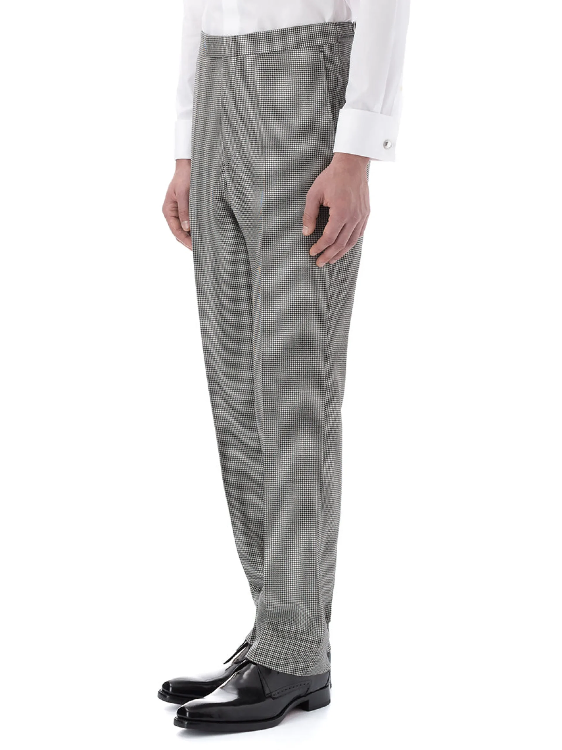 Favourbrook Black Houndstooth Wool High Waisted Flat Front Trouser- Groomswear | Trousers