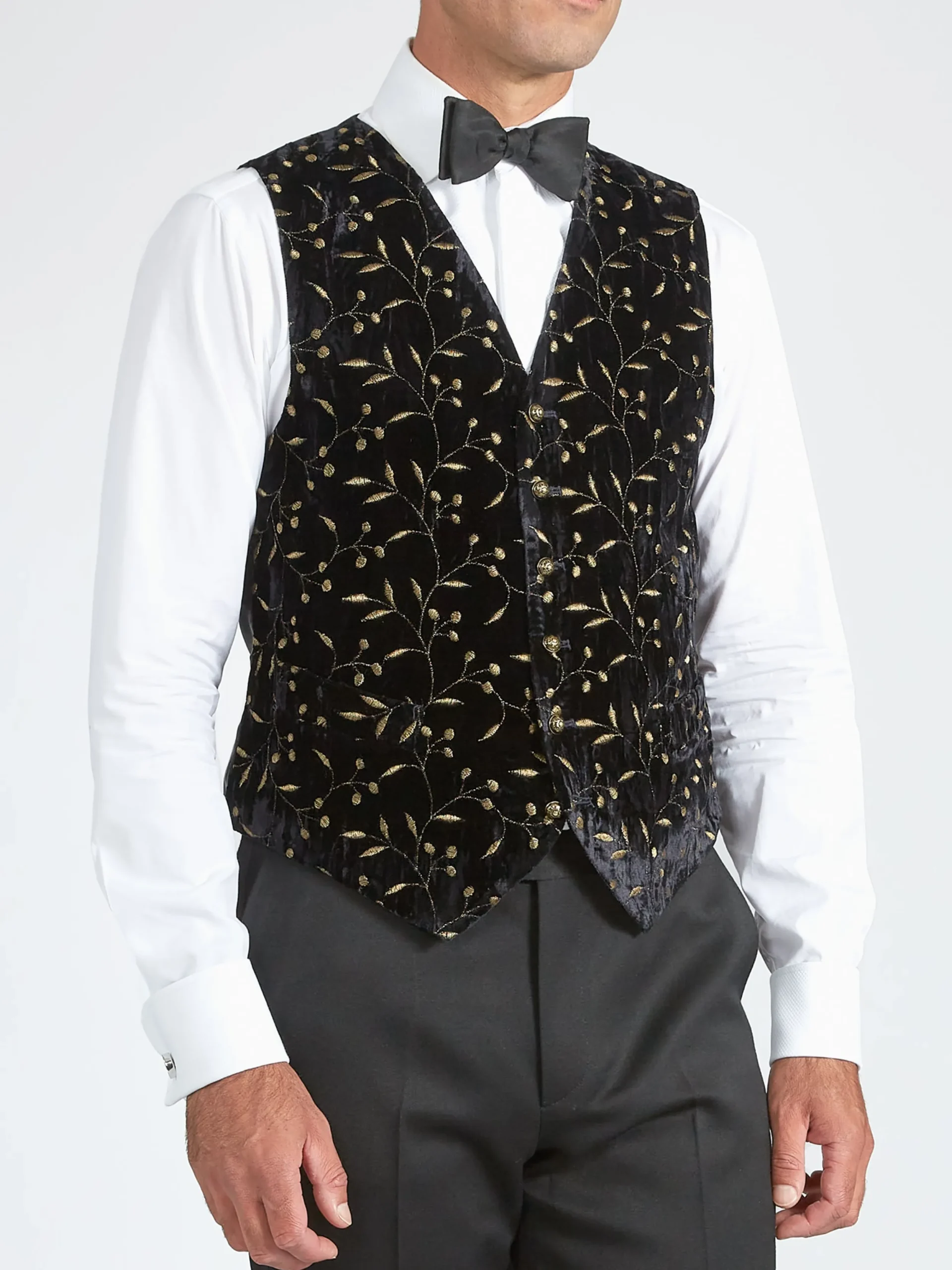 Favourbrook Black Lurex Berries Velvet Single Breasted 6 Button Waistcoat- Waistcoats | Evening Waistcoats