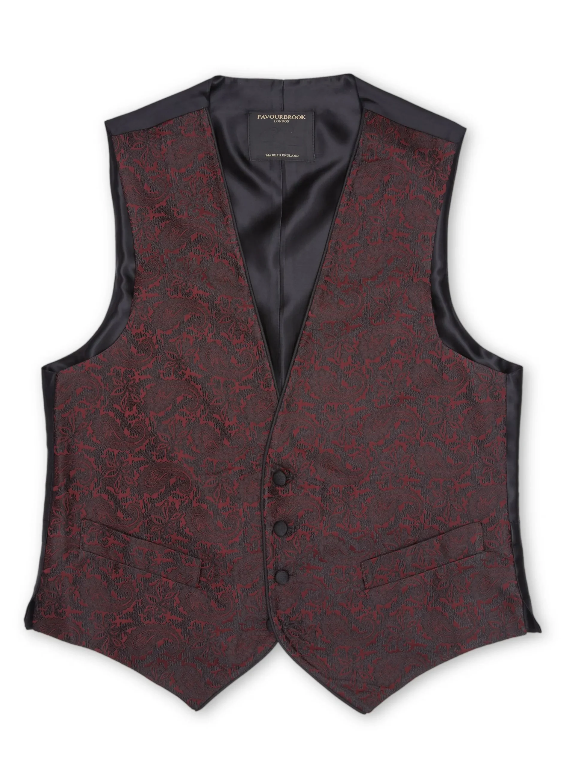 Favourbrook Burgundy Albert Silk Single Breasted 4 Button Piped Waistcoat- Waistcoats | Single Breasted Waistcoats