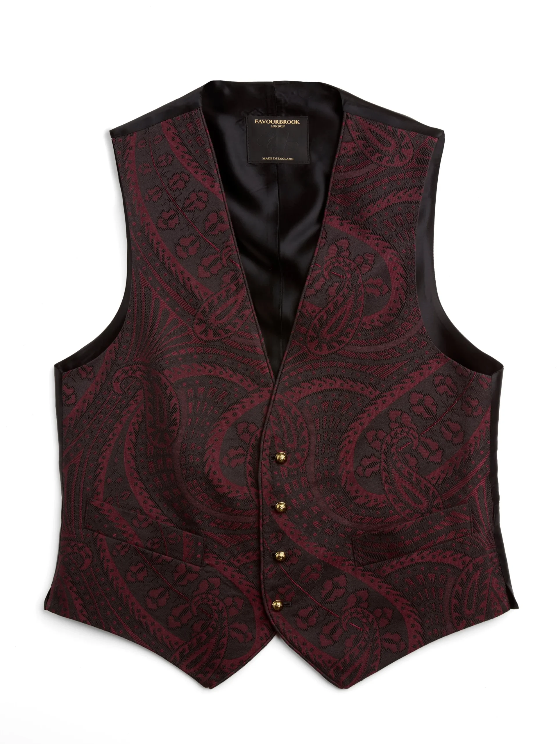 Favourbrook Burgundy Heathcote Paisley Single Breasted 4 Button Piped Waistcoat- Waistcoats | Single Breasted Waistcoats