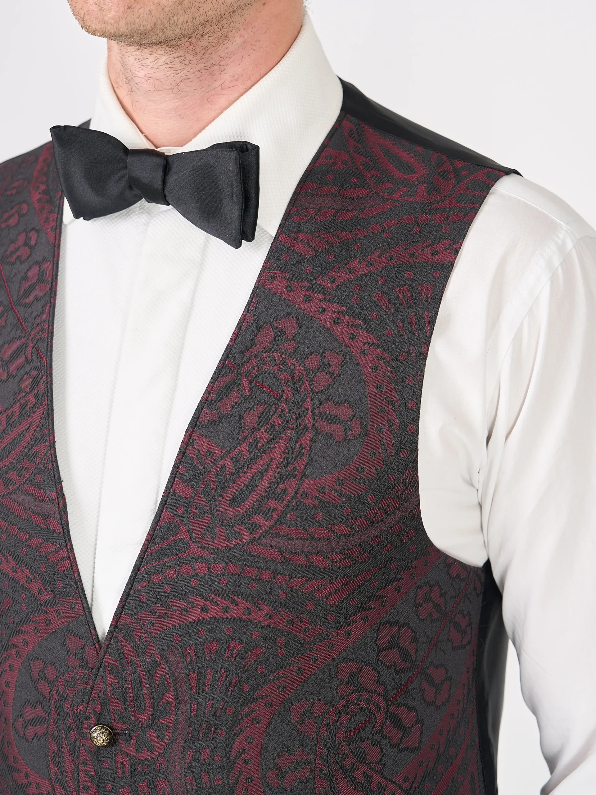 Favourbrook Burgundy Heathcote Paisley Single Breasted 4 Button Piped Waistcoat- Waistcoats | Single Breasted Waistcoats