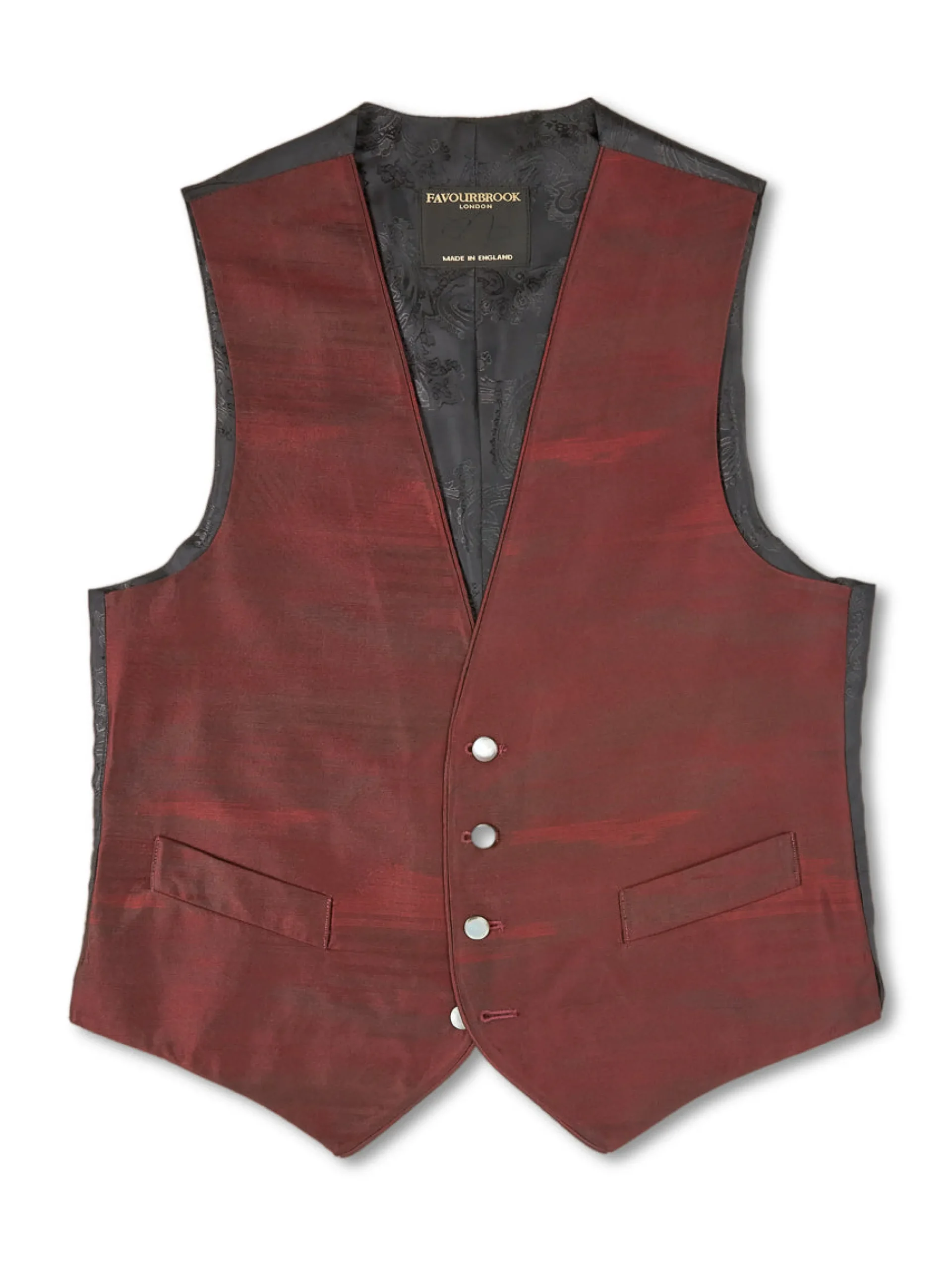 Favourbrook Burgundy Ikat Silk Single Breasted 4 Button Piped Waistcoat- Waistcoats | Evening Waistcoats