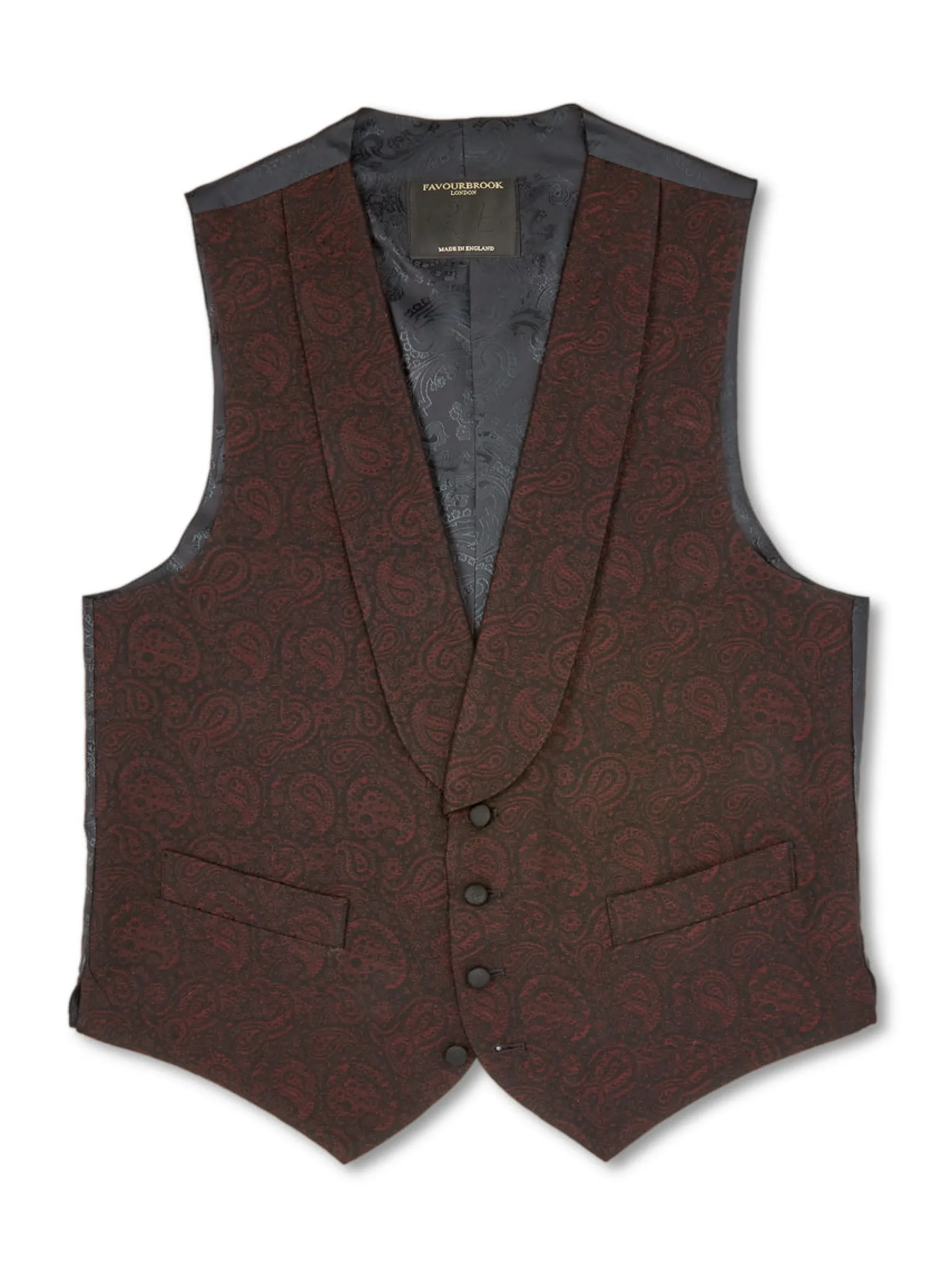 Favourbrook Burgundy Vincent Wool Single Breasted 4 Button Shawl Lapel Waistcoat- Waistcoats | Evening Waistcoats
