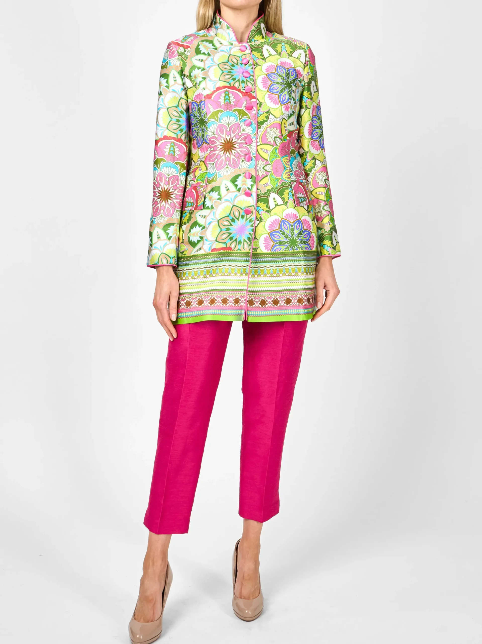 Favourbrook Camden Jacket Pink Green Rockingham Silk Satin-Women Short Jackets | Jackets & Coats