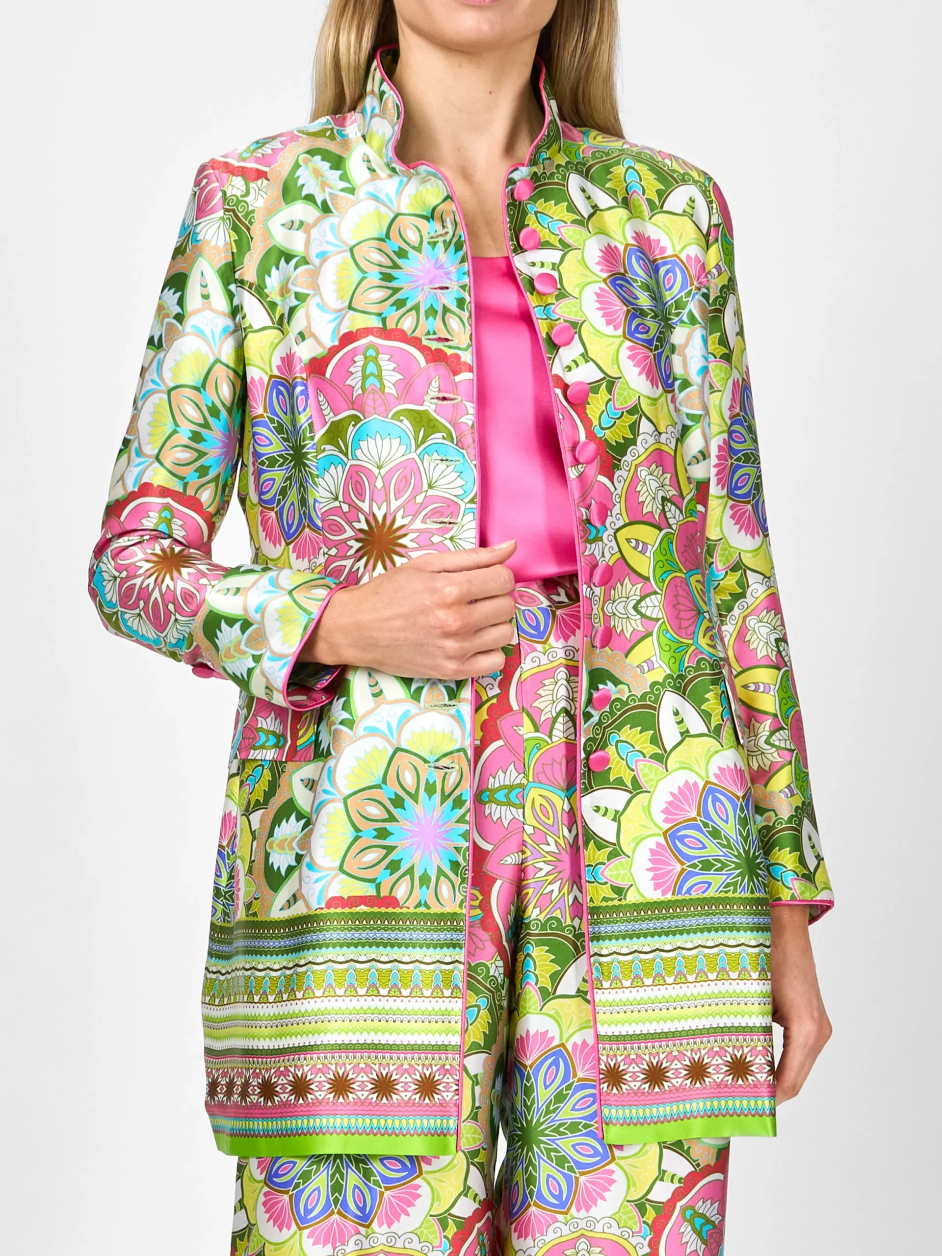 Favourbrook Camden Jacket Pink Green Rockingham Silk Satin-Women Short Jackets | Jackets & Coats