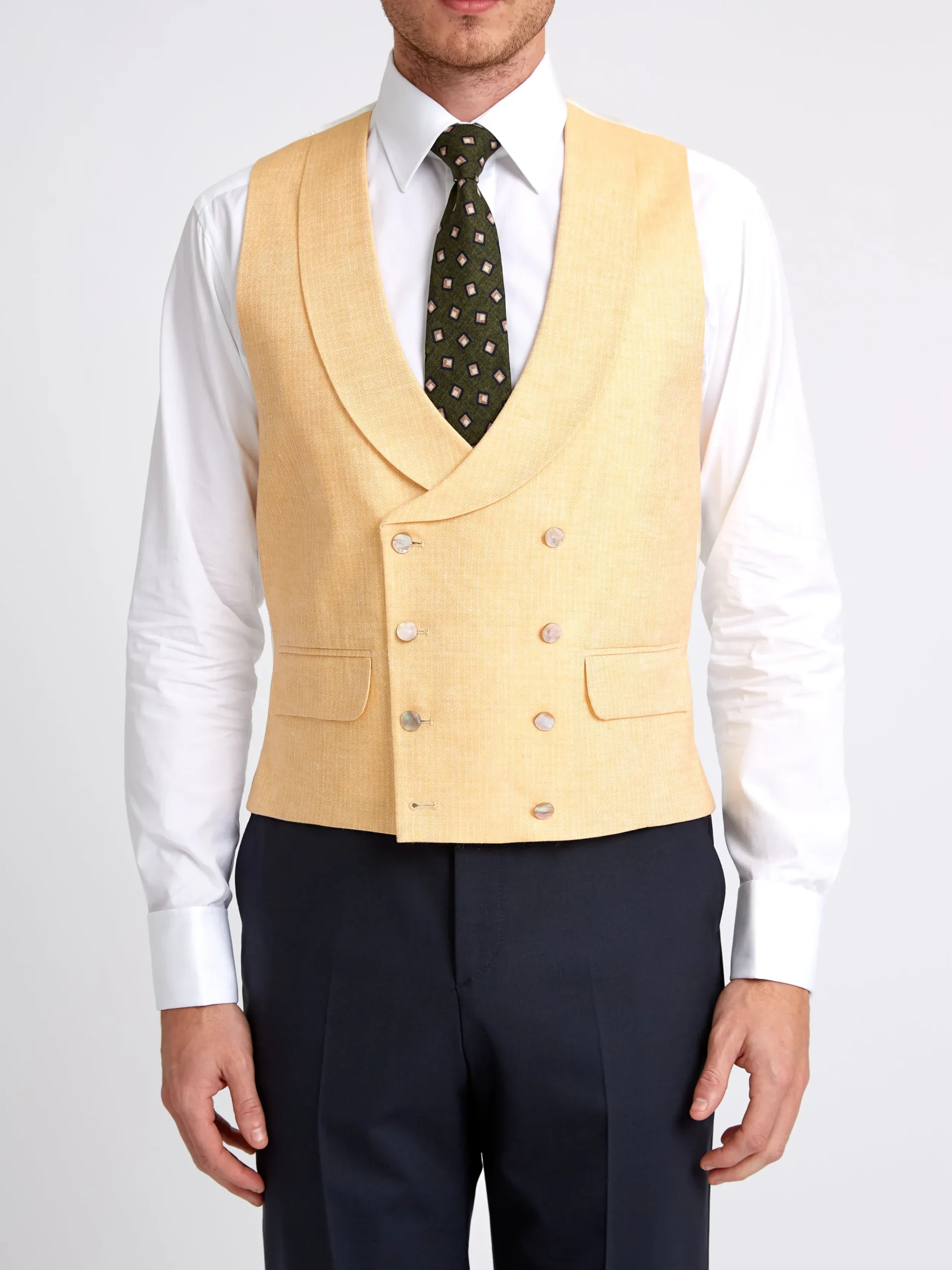 Favourbrook Canary Yellow Alnwick Herringbone Double Breasted 8 Button Shawl Lapel Waistcoat- Waistcoats | Shawl Lapel Waistcoats