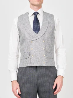 Favourbrook Charcoal Culcross Linen Double Breasted 8 Button Shawl Lapel Waistcoat- Waistcoats | Shawl Lapel Waistcoats
