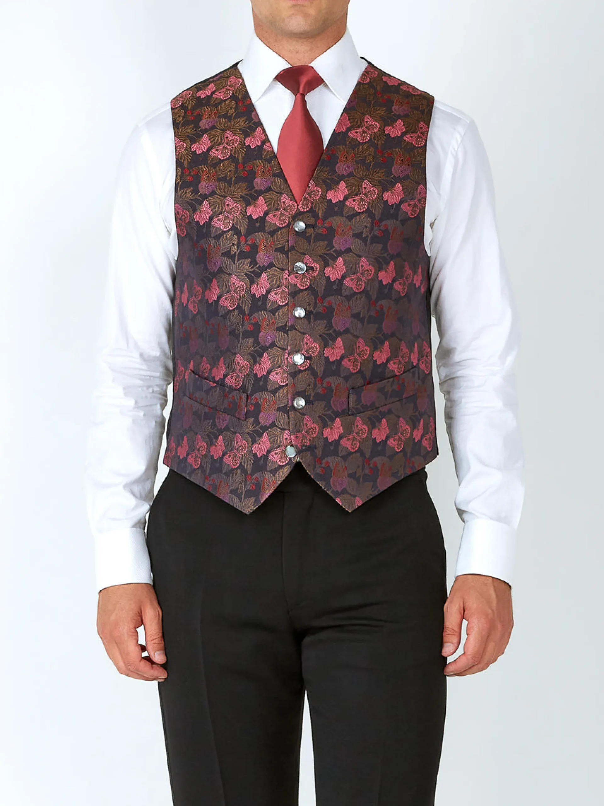Favourbrook Charcoal Pink Brimstone Silk Single Breasted 6 Button Waistcoat- Waistcoats | Evening Waistcoats