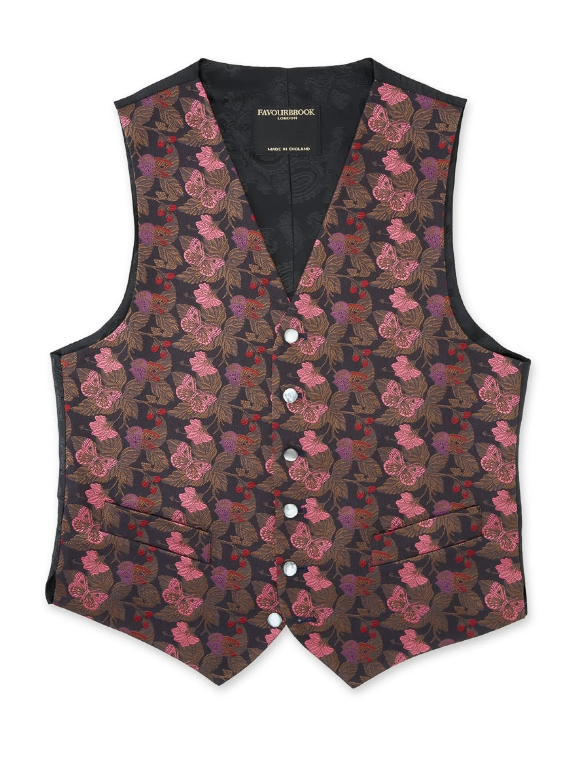 Favourbrook Charcoal Pink Brimstone Silk Single Breasted 6 Button Waistcoat- Waistcoats | Evening Waistcoats