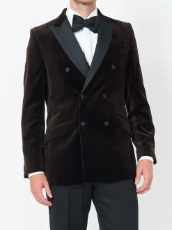 Favourbrook Chocolate Brown Velvet Cotton Double Breasted Dinner Jacket- Occasionwear | Velvet Jackets