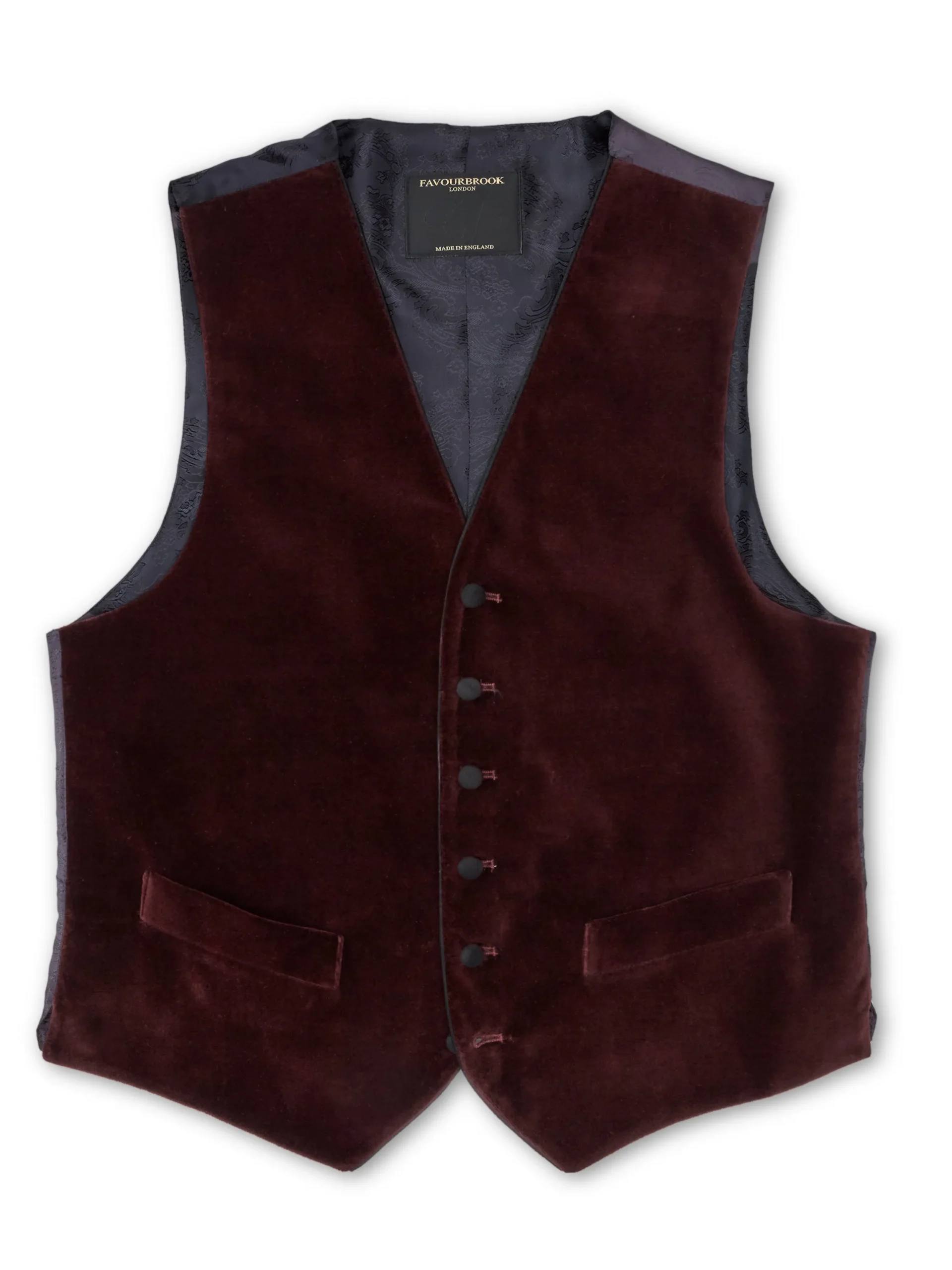 Favourbrook Claret Velvet Cotton Single Breasted 6 Button Piped Waistcoat- Waistcoats | Single Breasted Waistcoats