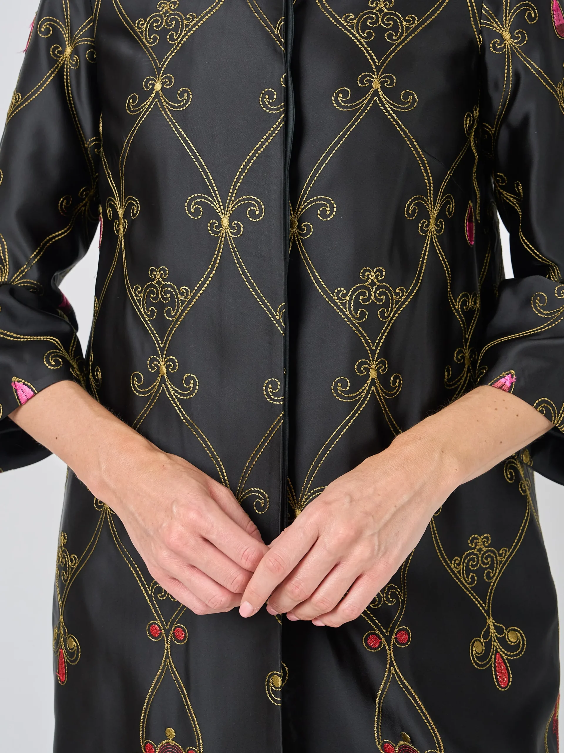 Favourbrook Collarless Duster Coat Black Blythe Duchesse Satin-Women Eveningwear | Eveningwear