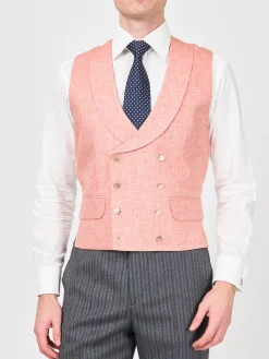 Favourbrook Coral Culcross Linen Double Breasted 8 Button Shawl Lapel Waistcoat- Groomswear | Waistcoats