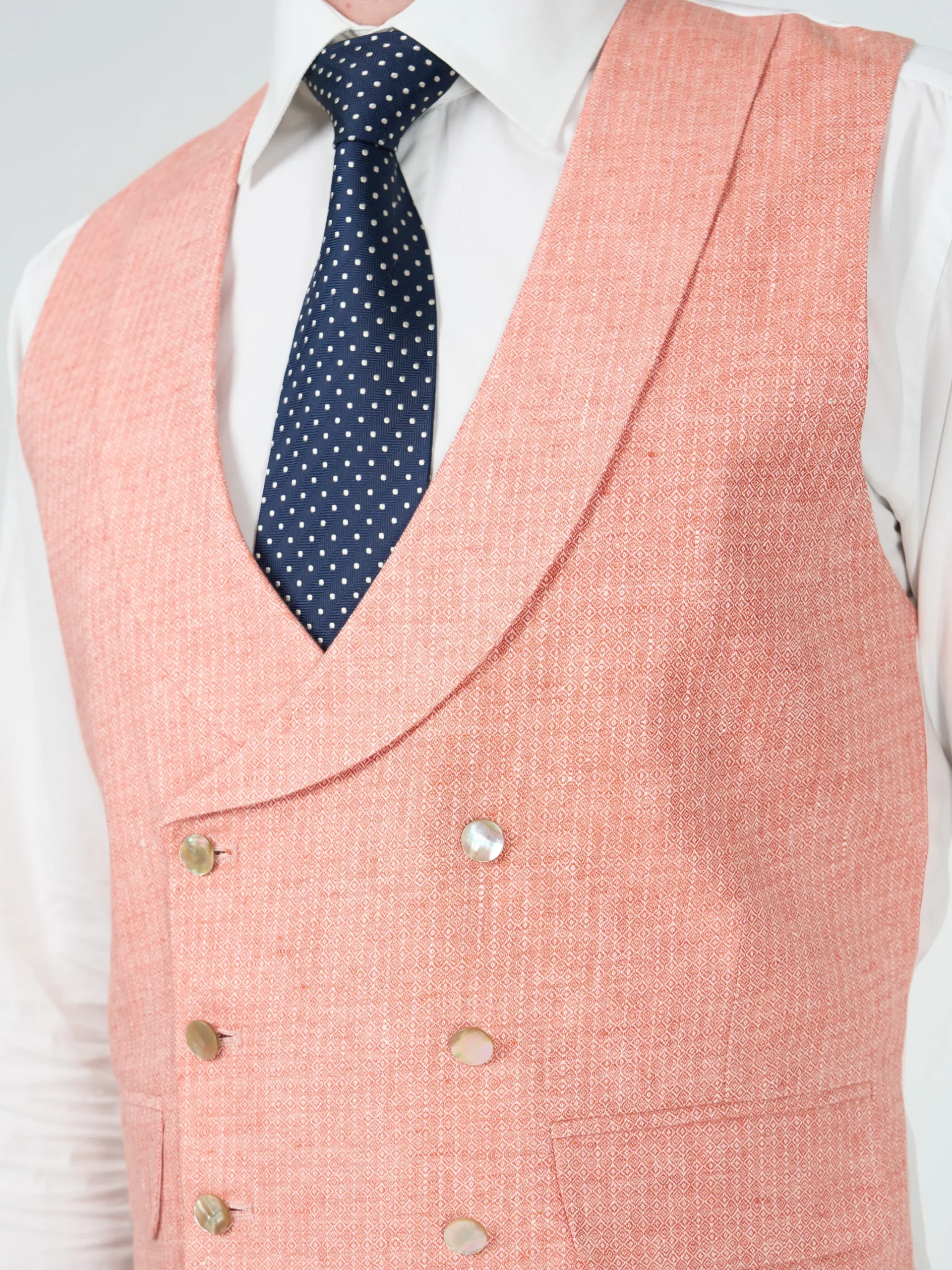 Favourbrook Coral Culcross Linen Double Breasted 8 Button Shawl Lapel Waistcoat- Groomswear | Waistcoats