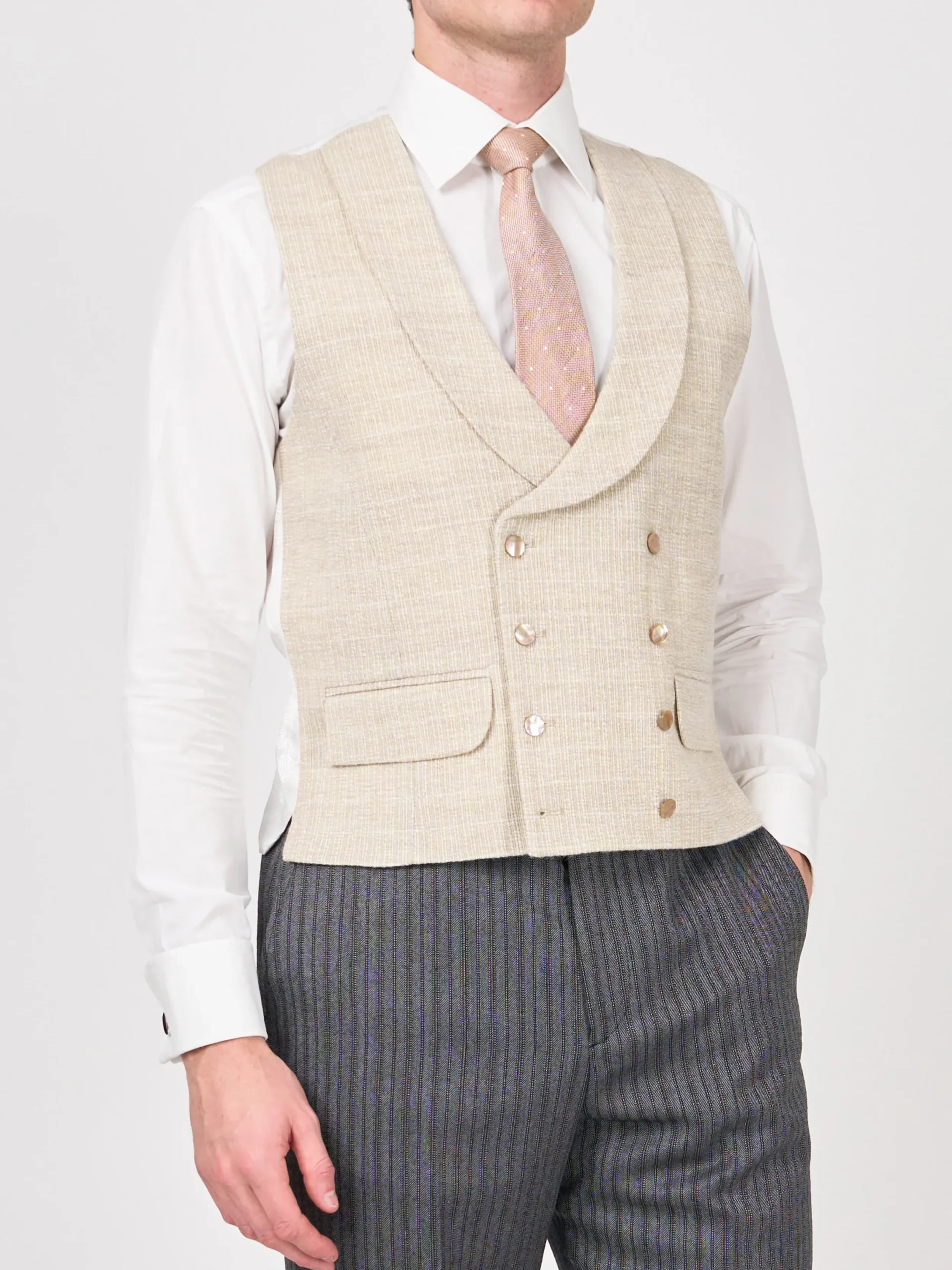 Favourbrook Cream Wetherby Double Breasted 8 Button Shawl Lapel Waistcoat- Waistcoats | Shawl Lapel Waistcoats