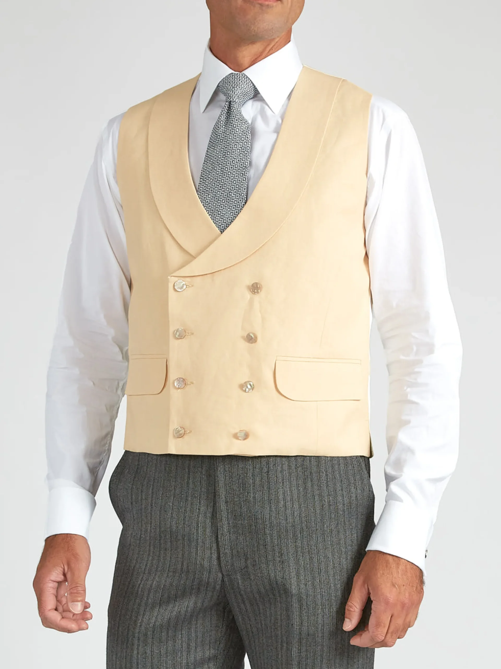 Favourbrook Dark Cream Linen Double Breasted 8 Button Shawl Lapel Waistcoat- Waistcoats | Royal Ascot Waistcoats