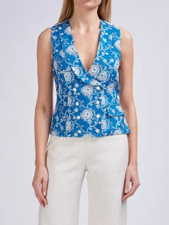 Favourbrook Double-Breasted Waistcoat Cobalt Peasenhall Linen-Women Tops & Blouses | Waistcoats