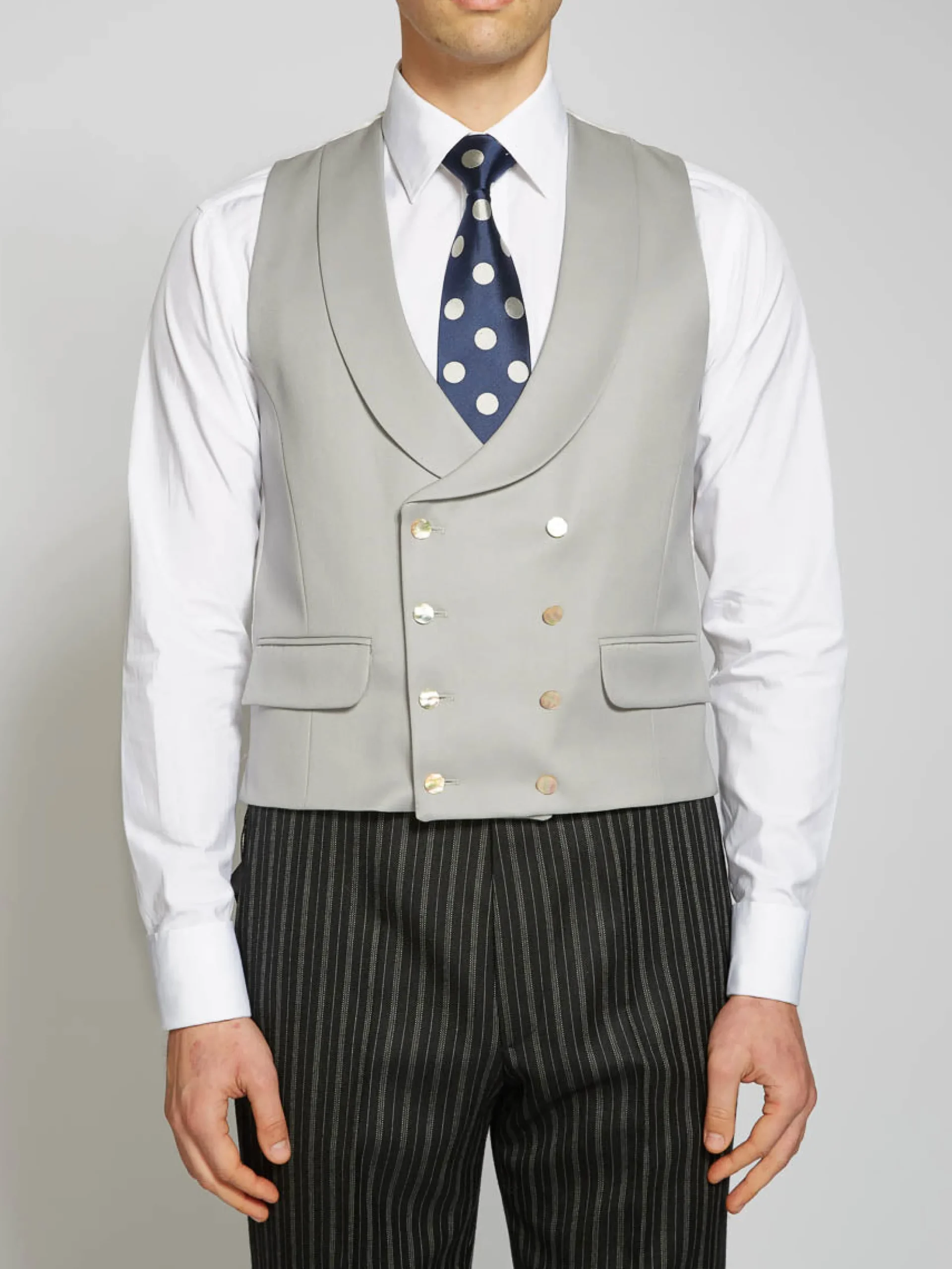 Favourbrook Dukes Dove Grey Double Breasted 8 Button Shawl Lapel Waistcoat- Waistcoats | Shawl Lapel Waistcoats