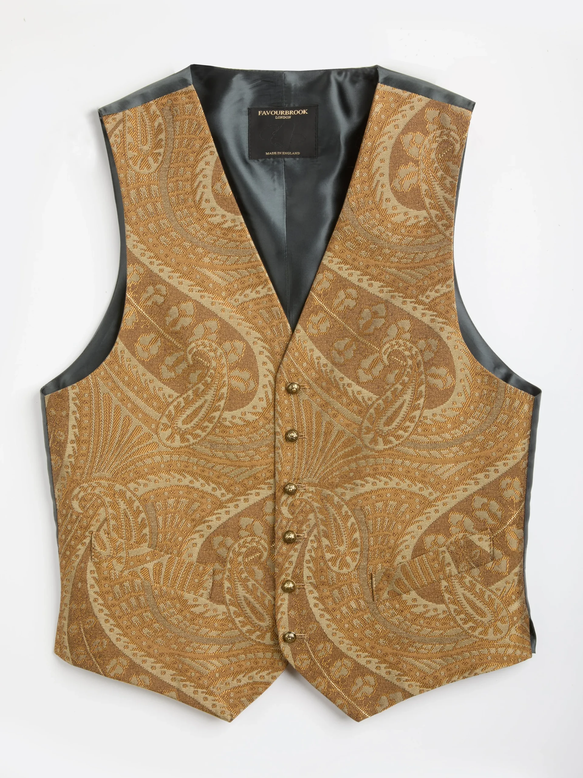 Favourbrook Gold Heathcote Paisley Single Breasted 6 Button Waistcoat- Waistcoats | Single Breasted Waistcoats