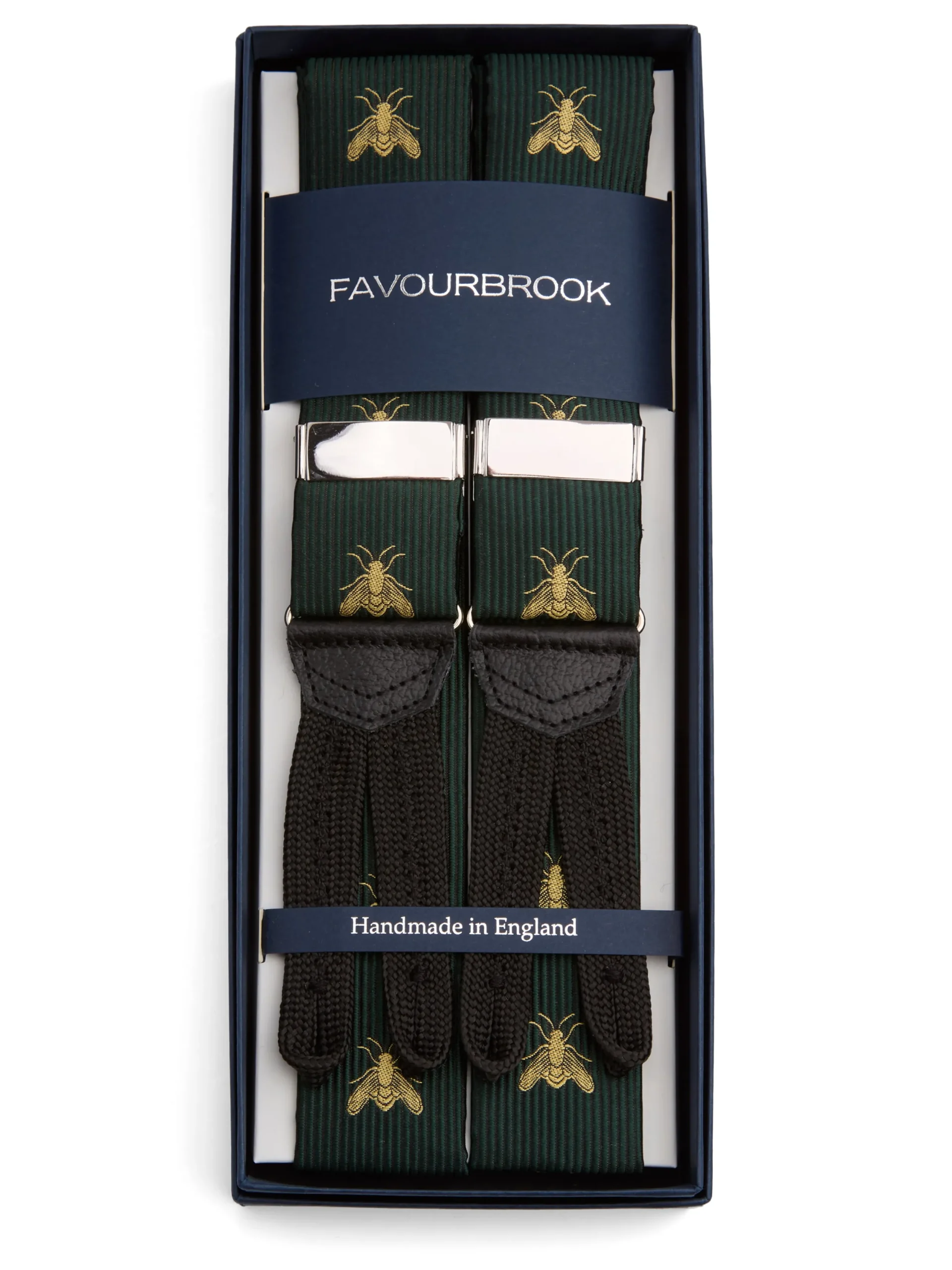 Favourbrook Green Gold Bees Black Leather Silk Braces- Braces