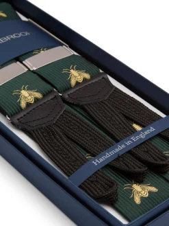 Favourbrook Green Gold Bees Black Leather Silk Braces- Braces