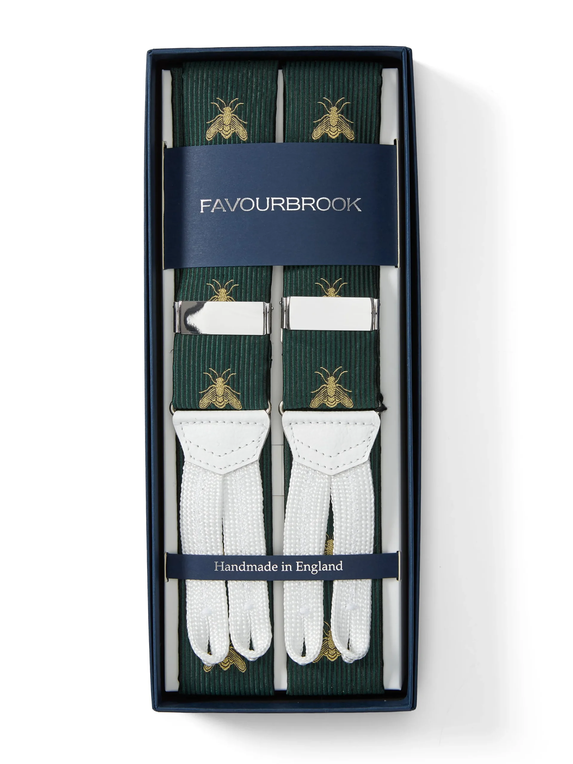 Favourbrook Green Gold Bees White Leather Silk Braces- Braces