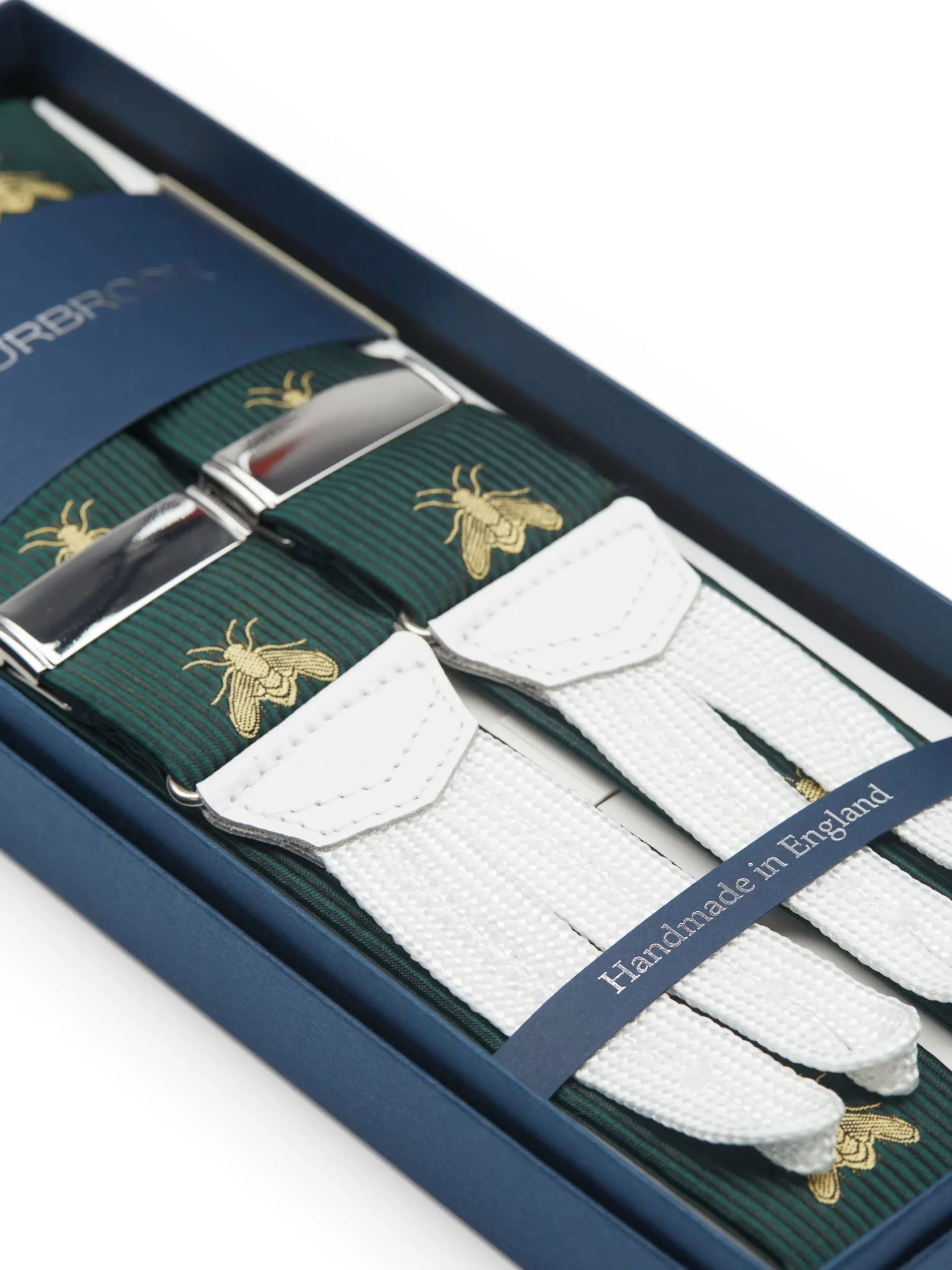 Favourbrook Green Gold Bees White Leather Silk Braces- Braces
