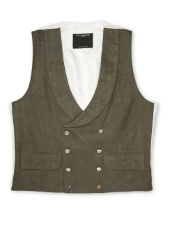 Favourbrook Green Padworth Linen Double Breasted 8 Button Shawl Lapel Waistcoat- Waistcoats | Shawl Lapel Waistcoats