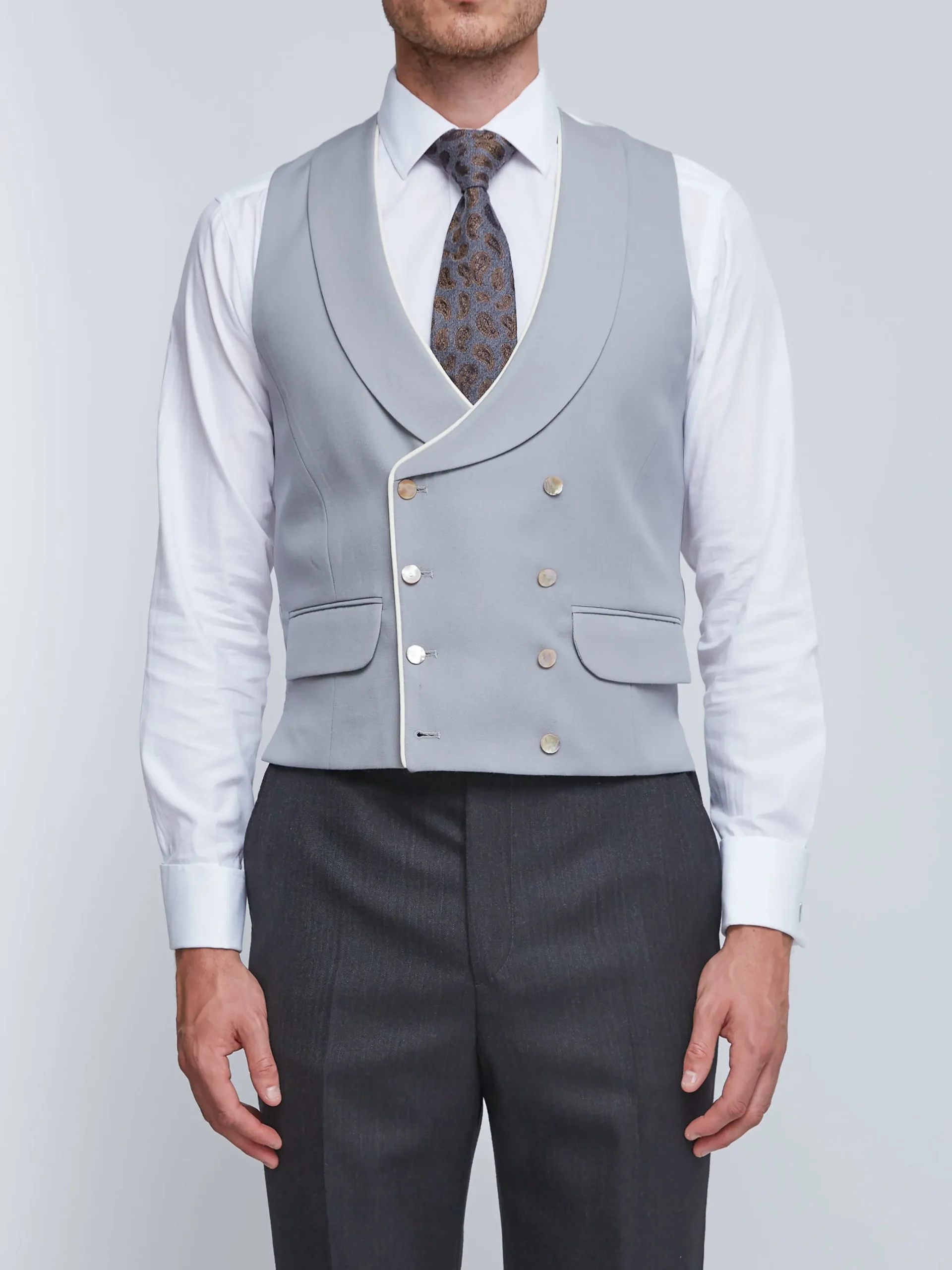 Favourbrook Grey Gabardine Wool Double Breasted 8 Button Shawl Lapel Piped Waistcoat- Wedding Attire | Waistcoats