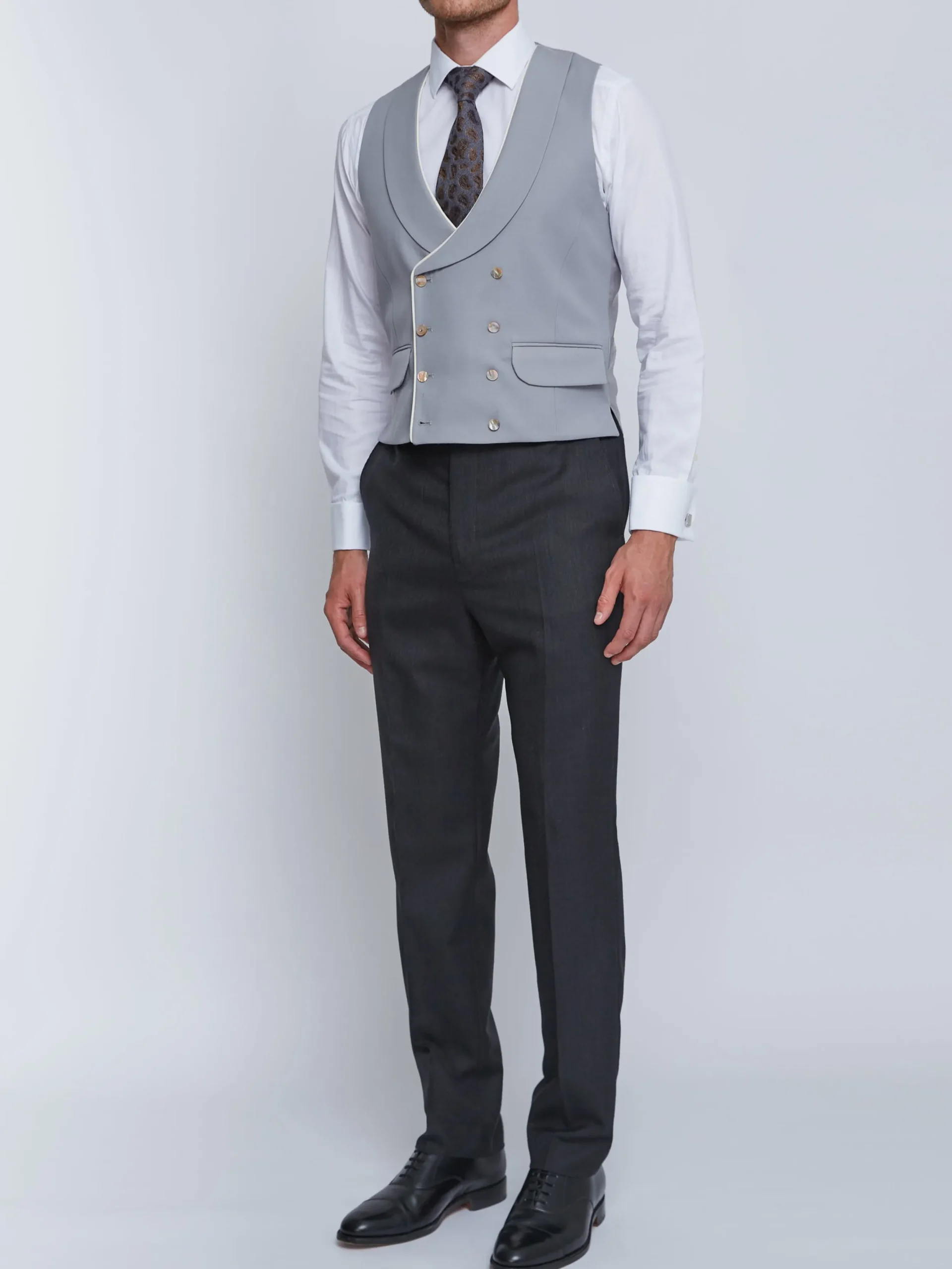 Favourbrook Grey Gabardine Wool Double Breasted 8 Button Shawl Lapel Piped Waistcoat- Wedding Attire | Waistcoats