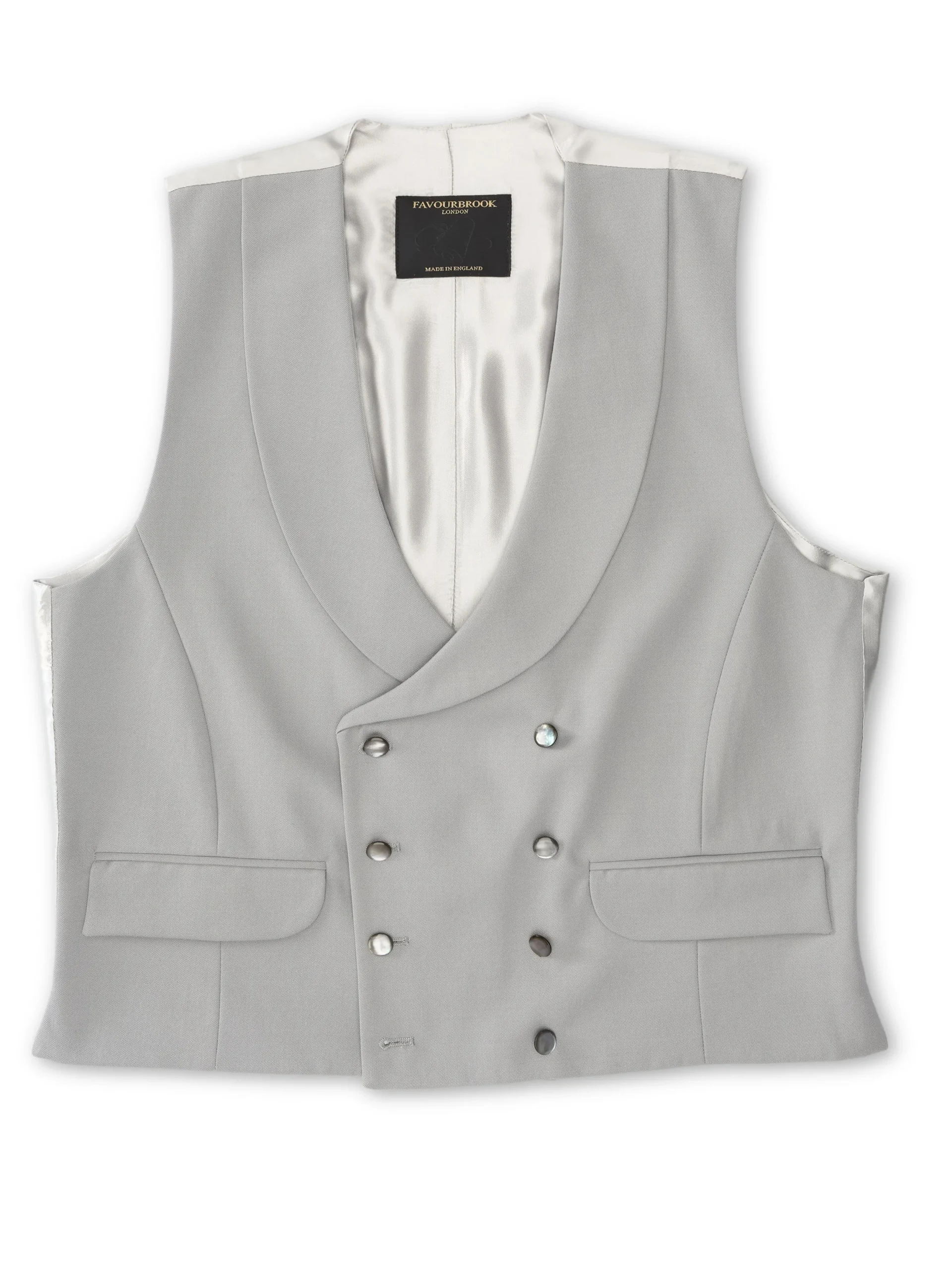 Favourbrook Grey Gabardine Wool Double Breasted 8 Button Shawl Lapel Waistcoat- Groomswear | Waistcoats