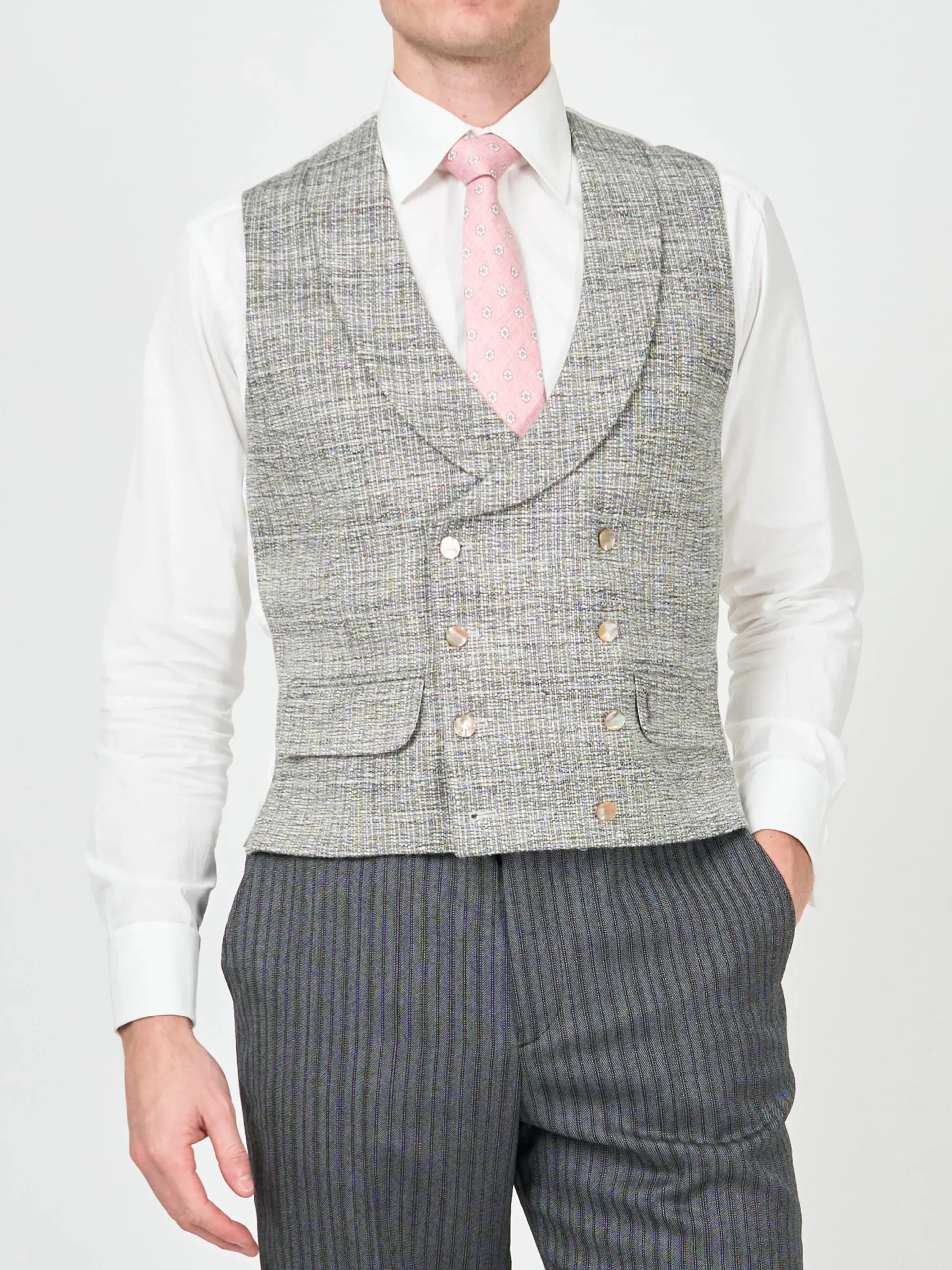 Favourbrook Grey Wetherby Double Breasted 8 Button Shawl Lapel Waistcoat- Waistcoats | Shawl Lapel Waistcoats