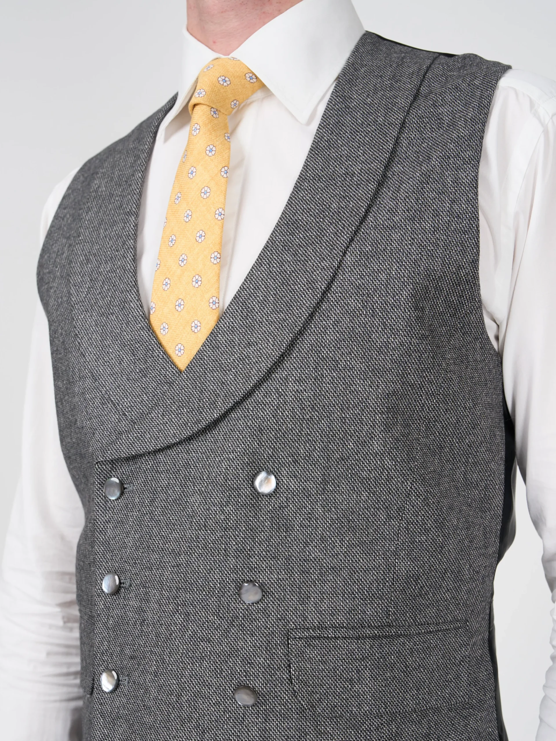 Favourbrook Grey Wilton Cashmere Double Breasted 8 Button Shawl Lapel Waistcoat- Waistcoats | Shawl Lapel Waistcoats