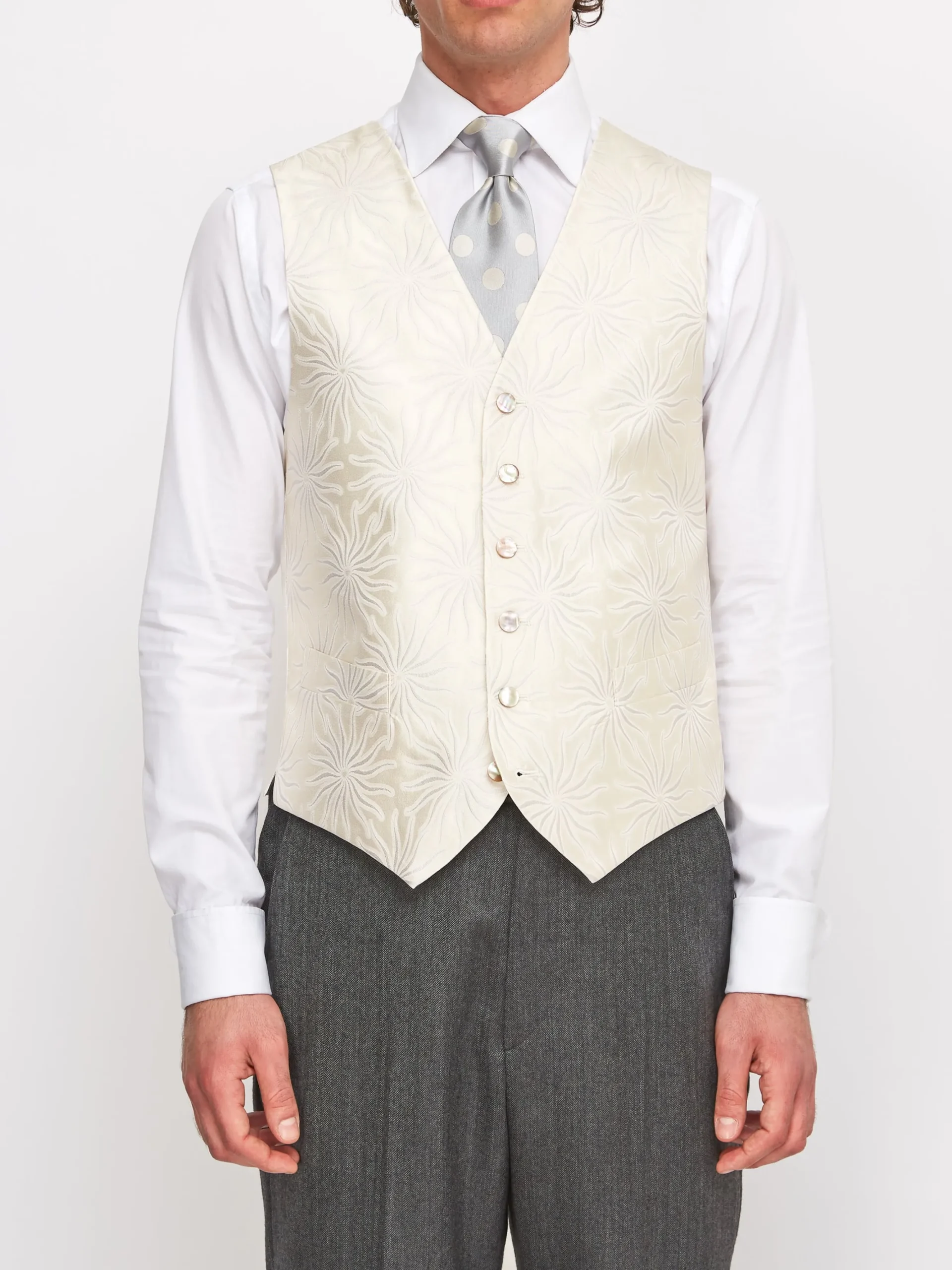 Favourbrook Ivory Starburst Silk Wool Single Breasted 6 Button Waistcoat- Waistcoats | Patterned Waistcoats